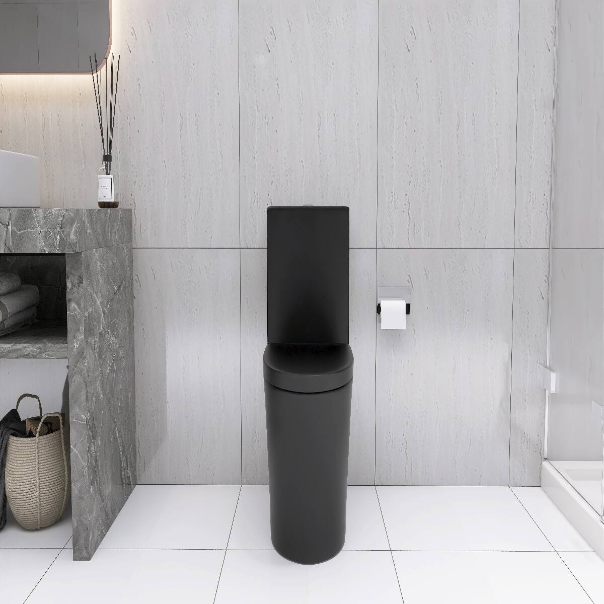 Back. Loheer - Loheer Matte Black Elongated Toilet One Piece Dual Flush Bathroom Fixture - Matte Black.