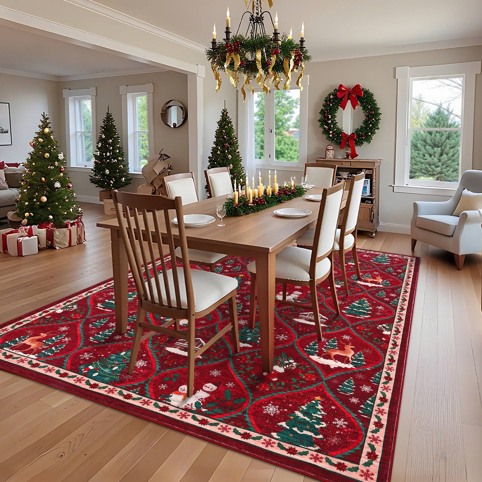 GARVEE Christmas Area Rug Festive Scene with Reindeer Snowmen Non Slip ...