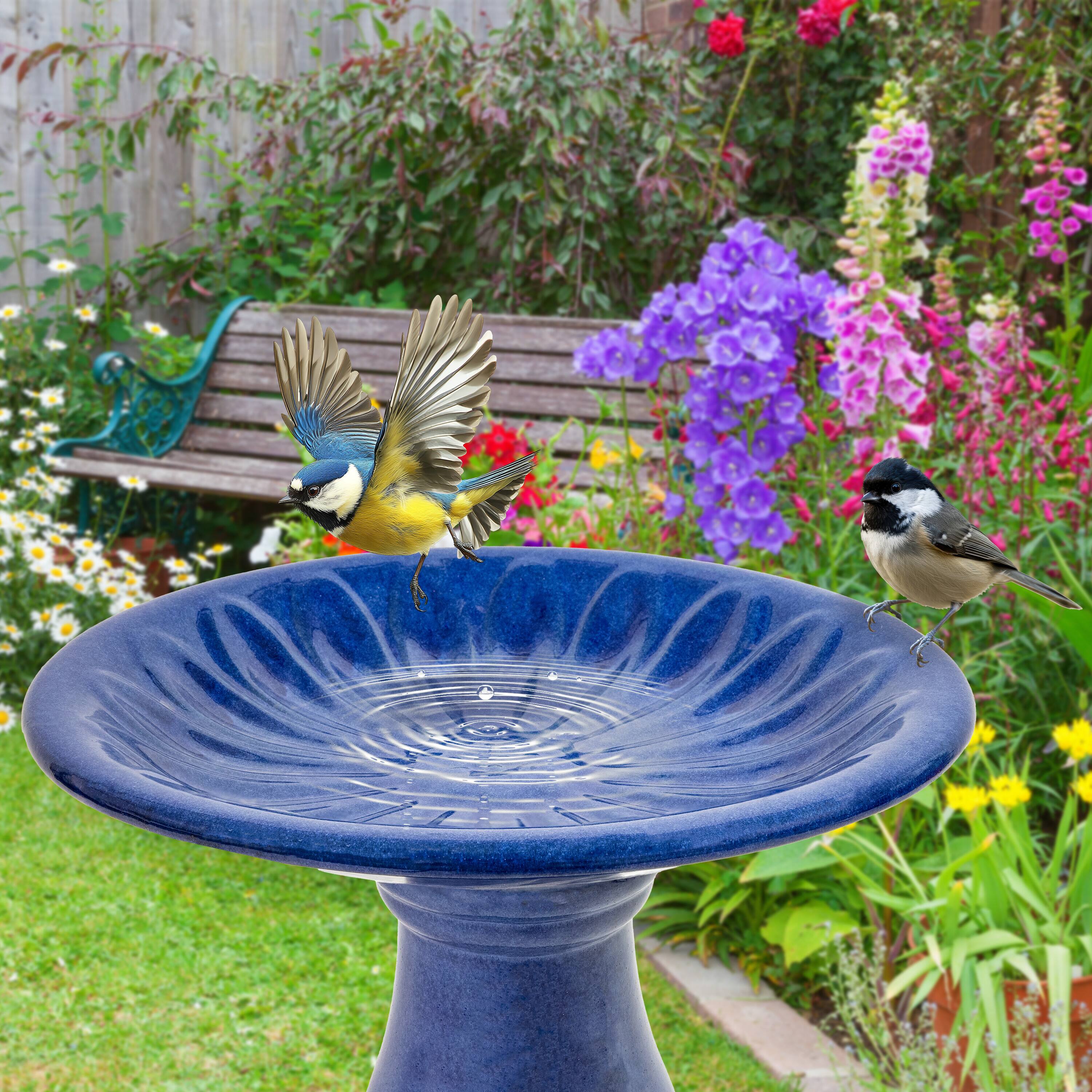Alt View 8. Sunnydaze - Daisy Embossed Bowl Ceramic Outdoor Bird Bath - 21.5” H - Blue.
