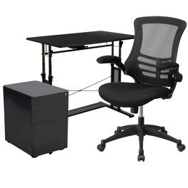 Emma + Oliver - Work From Home Kit-Adjustable Desk, Ergonomic Mesh Office Chair, Filing Cabinet - Black