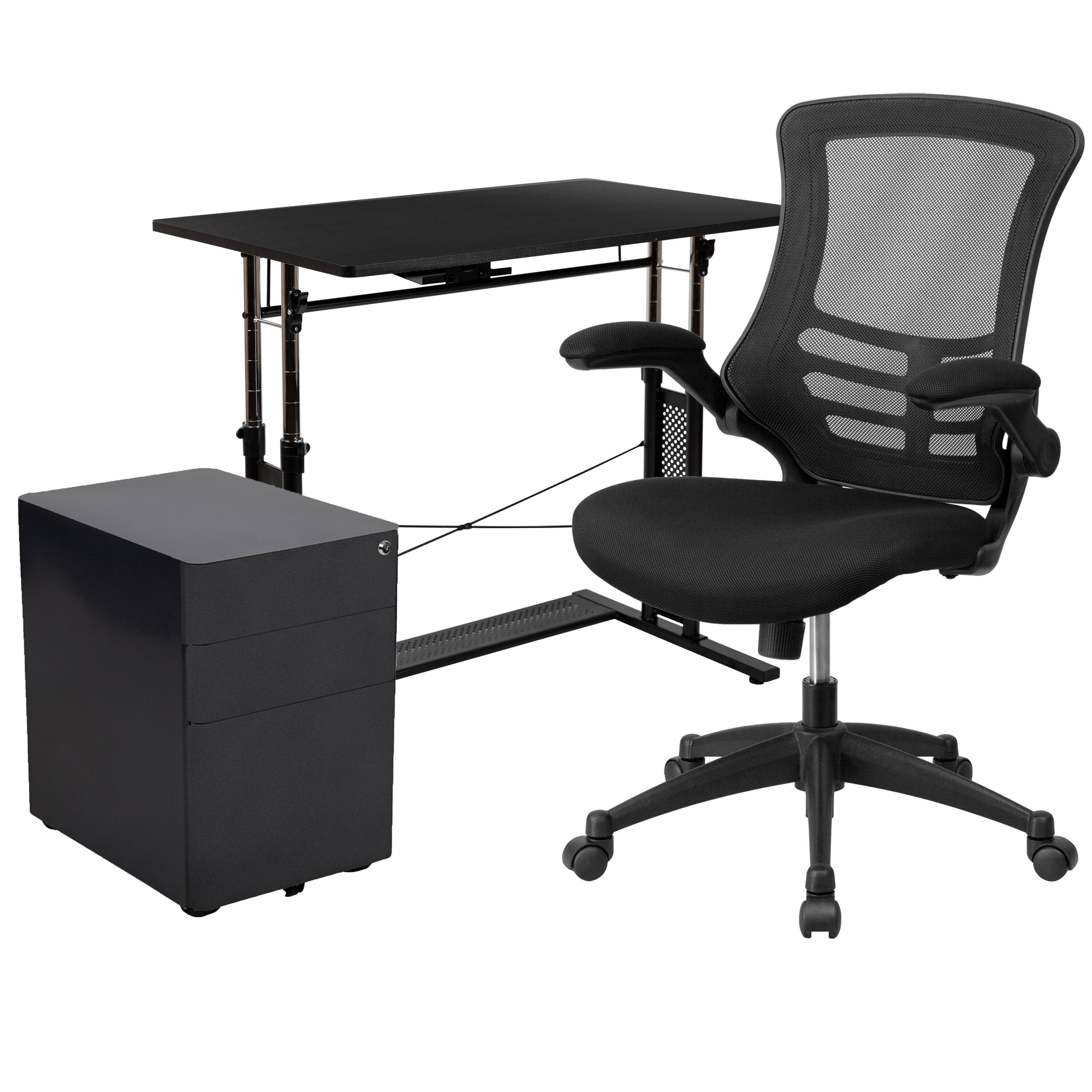Front. Emma + Oliver - Work From Home Kit-Adjustable Desk, Ergonomic Mesh Office Chair, Filing Cabinet - Black.