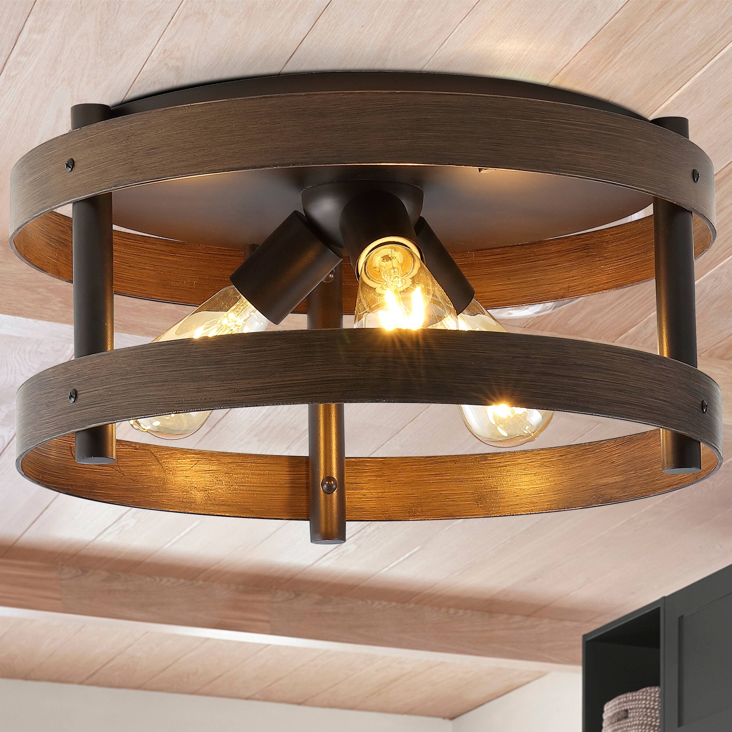 Alt View 1. Jonathan Y - Cooper 16" 3-Light Farmhouse Industrial Iron LED Flush Mount, Brown Wood Finished/Oil Rubbed Bronze - Dark Brown Wood Finish/Oil Rubbed Bronze.