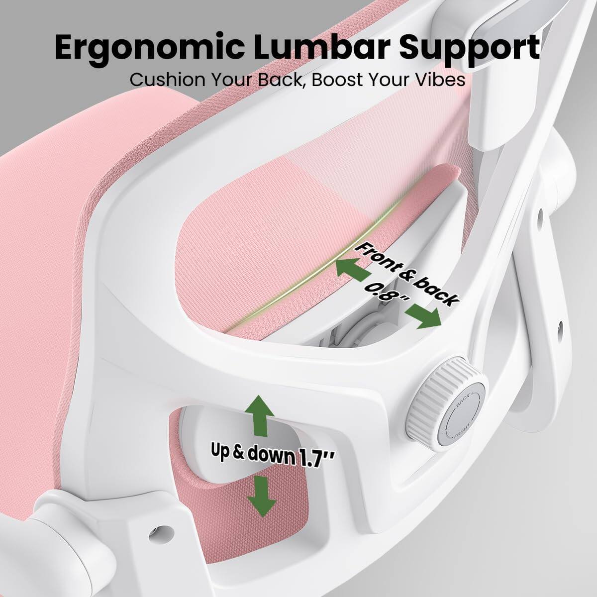Ergonomic Lumbar Support  
Cushion Your Back, Boost Your Vibes  

Front & back 0.8"  
Up & down 1.7"