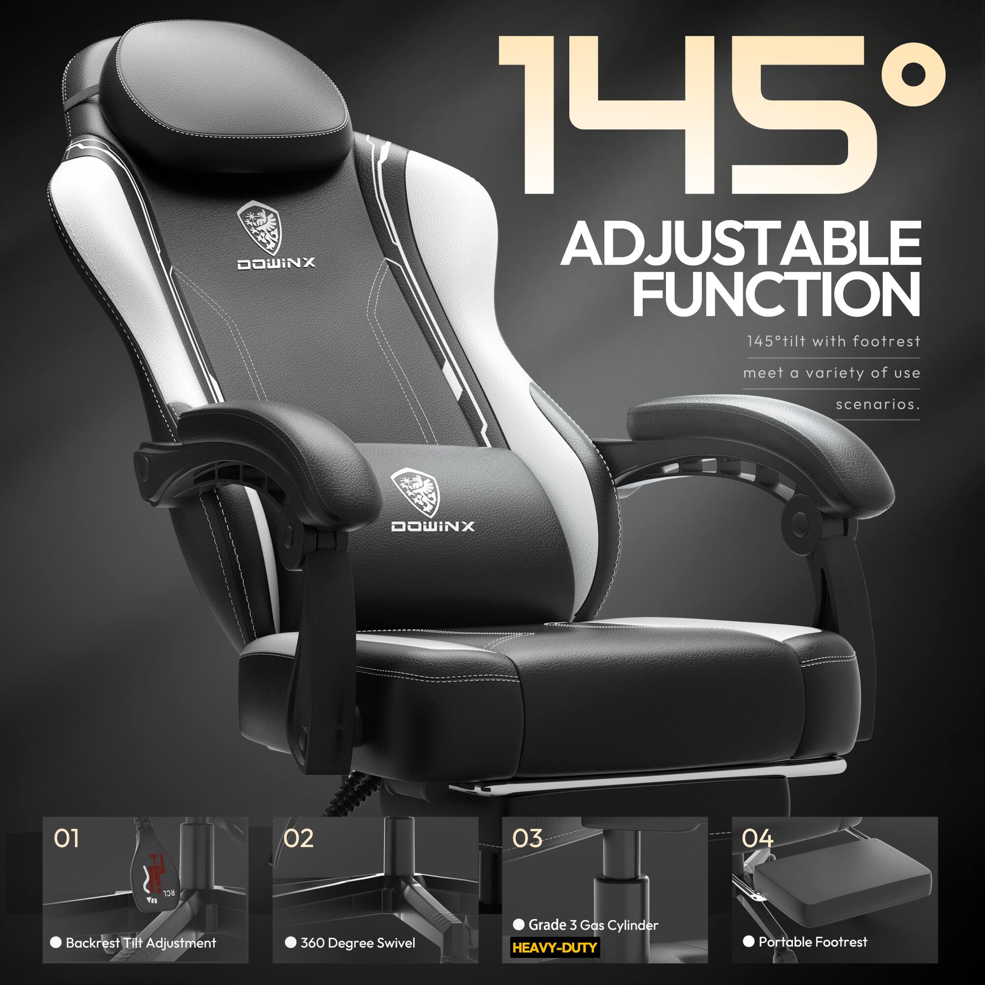 145° Adjustable Function  
145° tilt with footrest meets a variety of use scenarios.

01 Backrest Tilt Adjustment  
02 360 Degree Swivel  
03 Grade 3 Gas Cylinder  
04 Portable Footrest  

HEAVY-DUTY