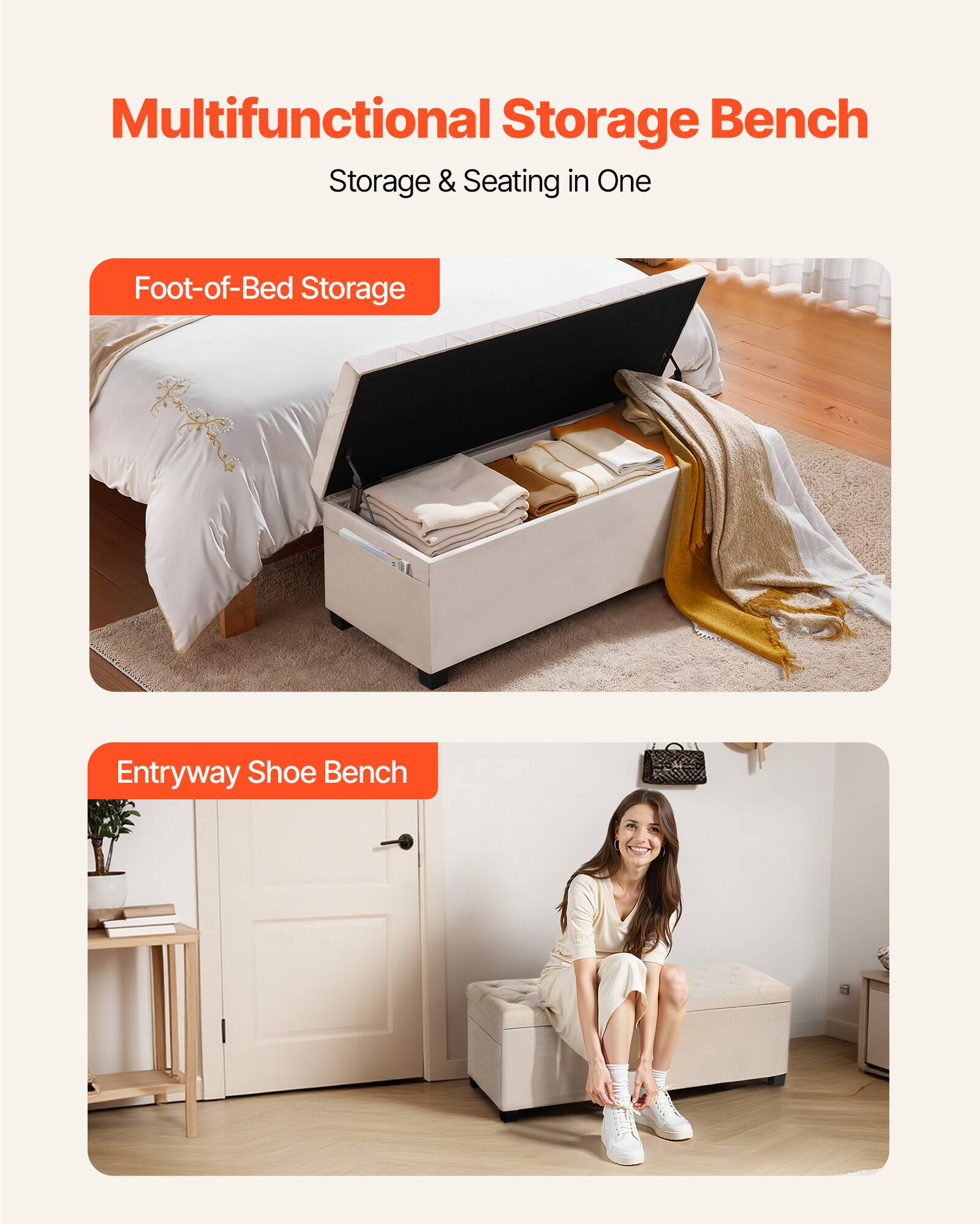 Multifunctional Storage Bench  
Storage & Seating in One  

Foot-of-Bed Storage  

Entryway Shoe Bench