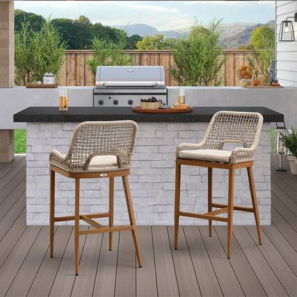 Front. PURPLE LEAF - Outdoor Bar Stool Set of 2, Wicker Rattan Bar stools with Back Aluminum Outside Garden Patio Bar Chairs - Plaid-Bar Height.