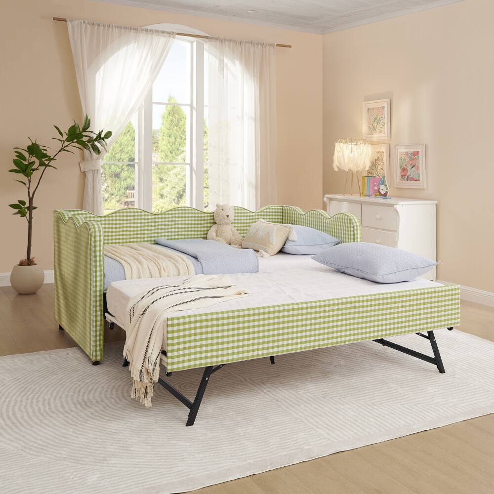 Angle. JUJABU - Green Cozy Gingham Daybed with Twin Size Trundle No Box Spring Needed, with USB Port and Adorable Wave Shaped - Green.