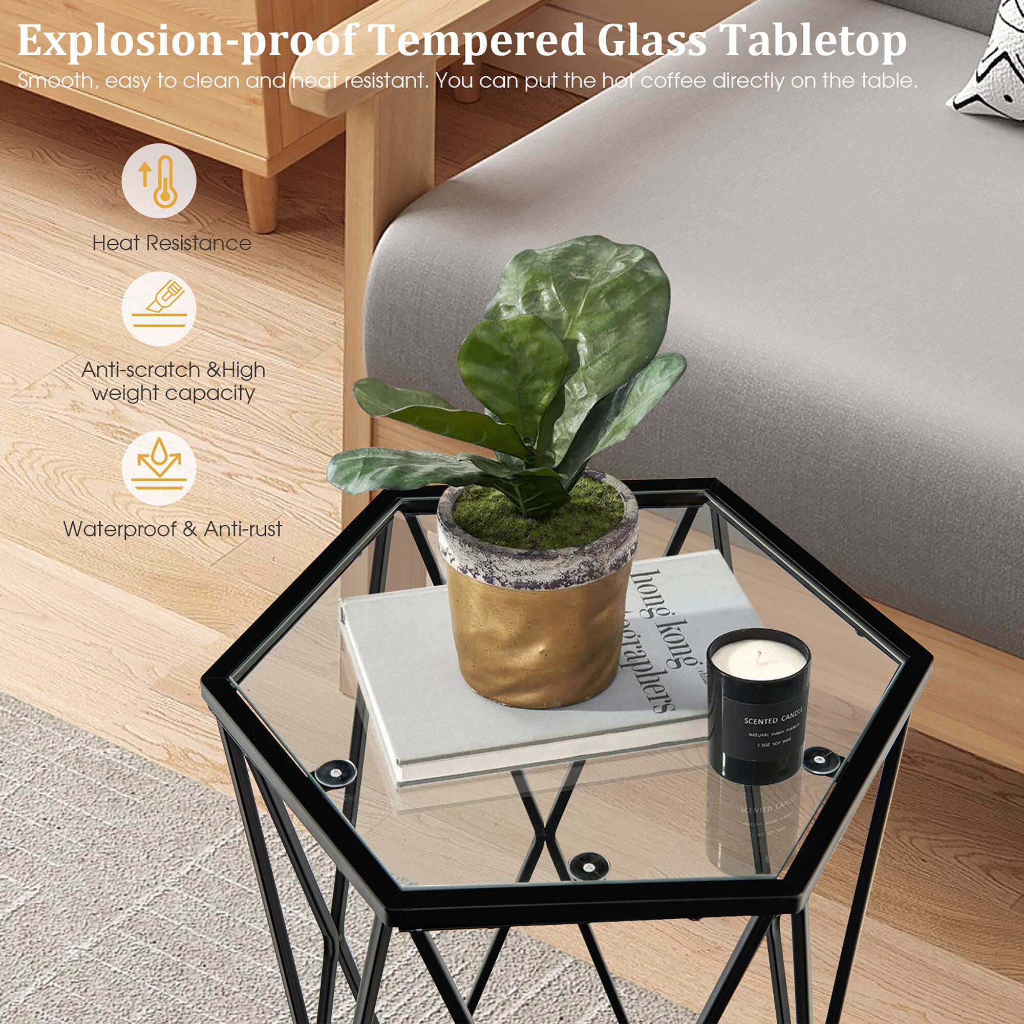 Explosion-proof Tempered Glass Tabletop, Smooth, easy to clean and heat resistant. You can put the hot coffee directly on the table. Heat Resistance, Anti-scratch & High weight capacity, Waterproof & Anti-rust. hong kong SCENTED CANDLE.