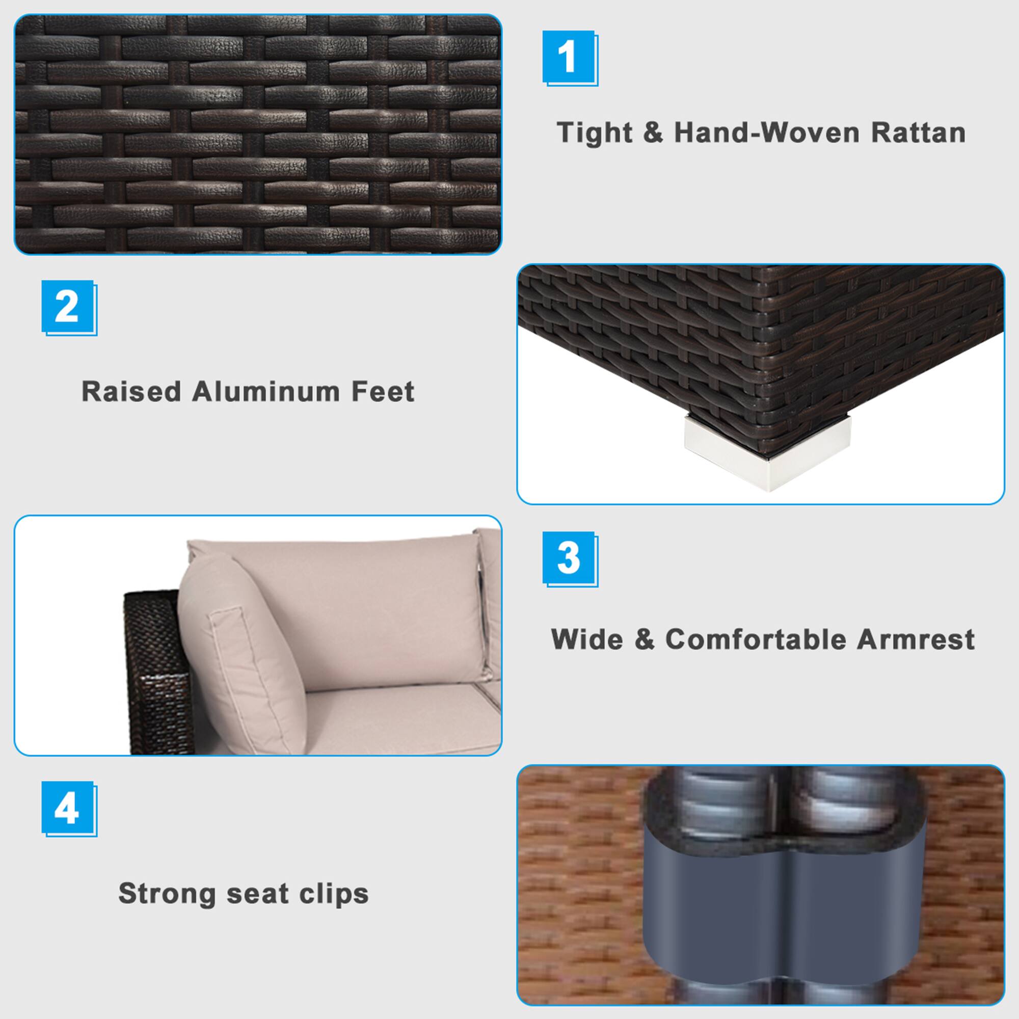 1. Tight & Hand-Woven Rattan  
2. Raised Aluminum Feet  
3. Wide & Comfortable Armrest  
4. Strong Seat Clips