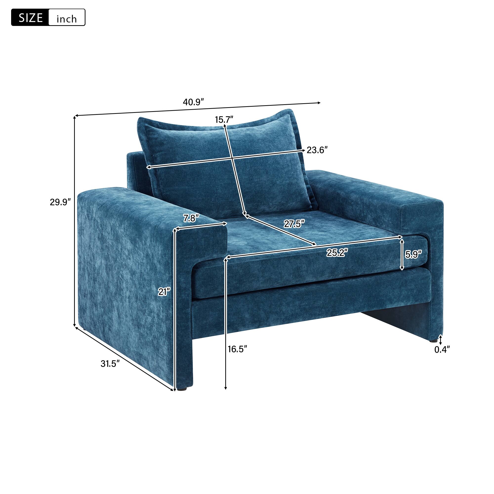 Angle. TinyHomie - Blue Chenille Upholstered Accent Armchair Wide Armrests Ergonomic Back - Blue.