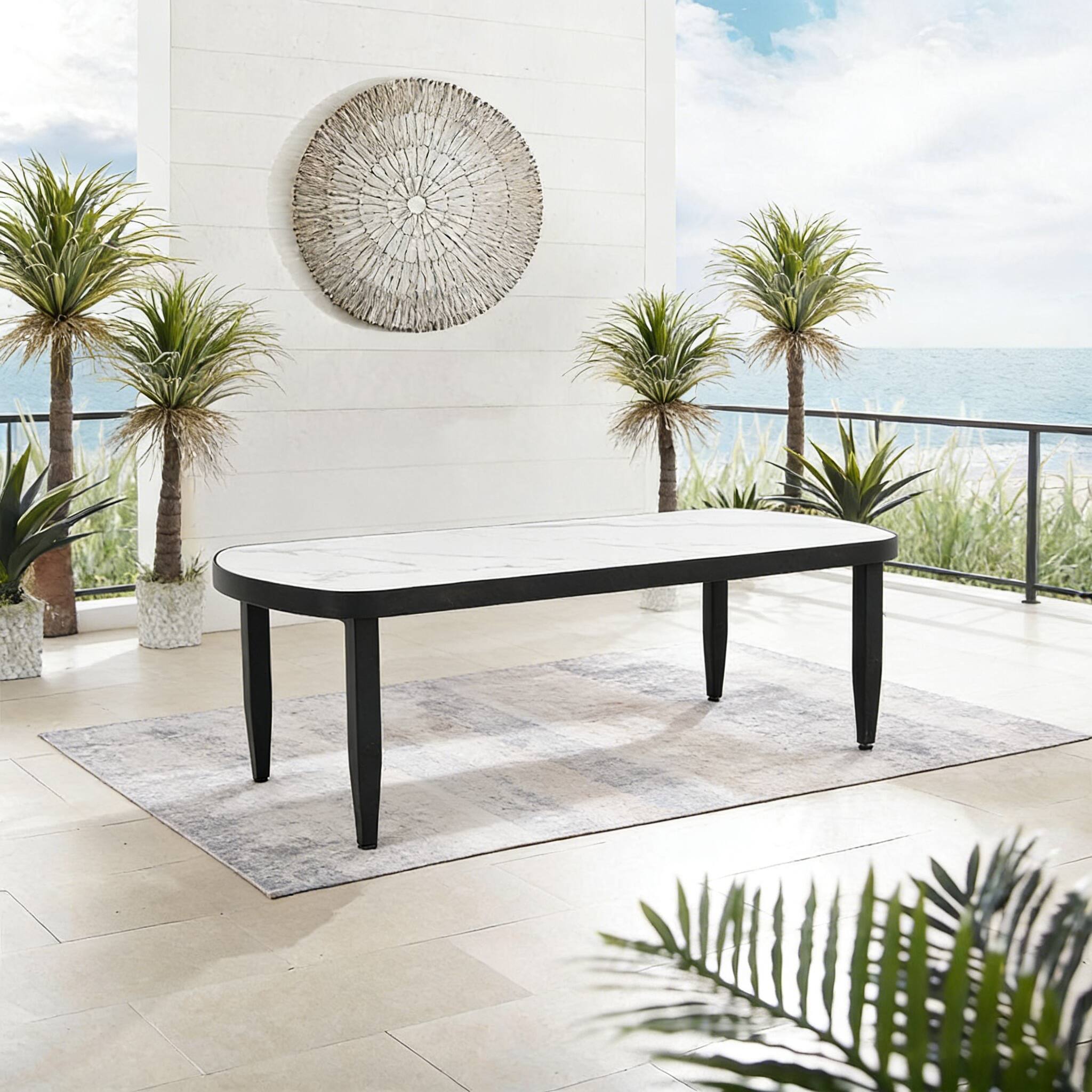 Angle. Mondawe - Outdoor 47.2" Elegance Arc Side Table with Greek White Marble-Inspired Sintered Stone Top - Ember Black.