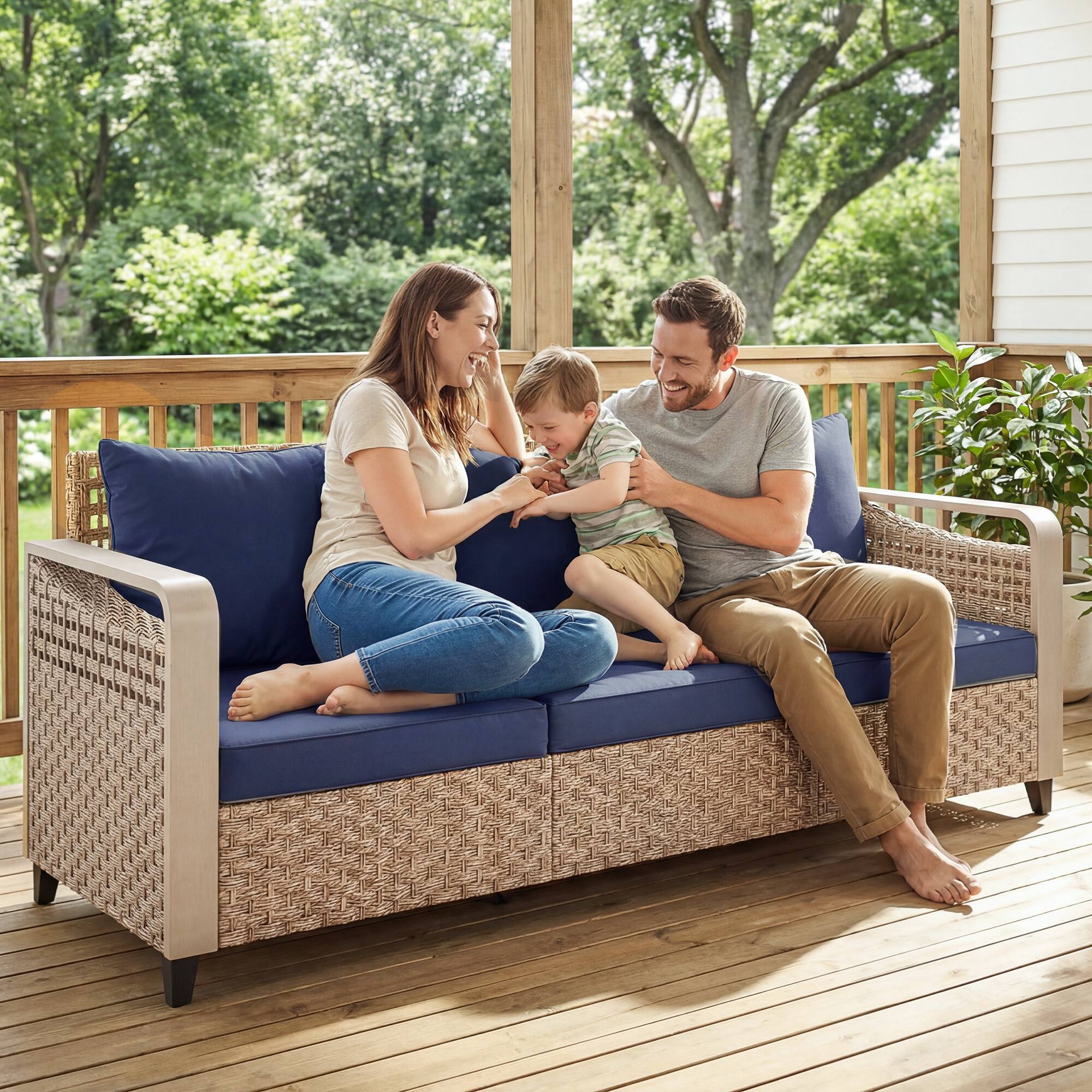 Alt View 8. Outsunny - Wicker Sofa 3-Seater Outdoor Patio Sofa with Cushions for Garden Backyard Porch Dark - Blue.