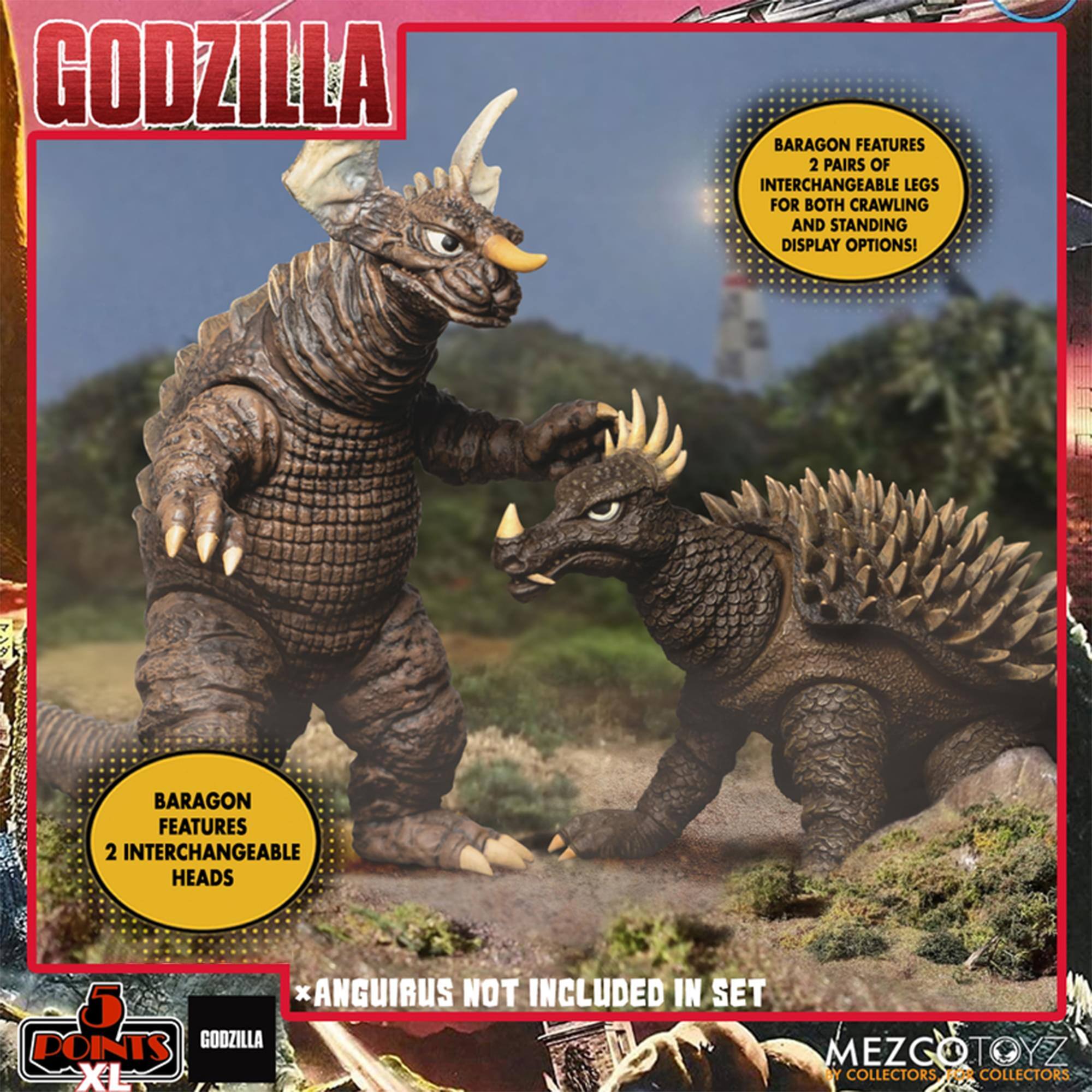 GODZILLA BARAGON FEATURES 2 PAIRS OF INTERCHANGEABLE LEGS FOR BOTH CRAWLING AND STANDING DISPLAY OPTIONS! BARAGON FEATURES 2 INTERCHANGEABLE HEADS. *ANGUIRUS NOT INCLUDED IN SET. 5 POINTS GOOZILLA MEZCOTOYZ XL W COLLECTORS
