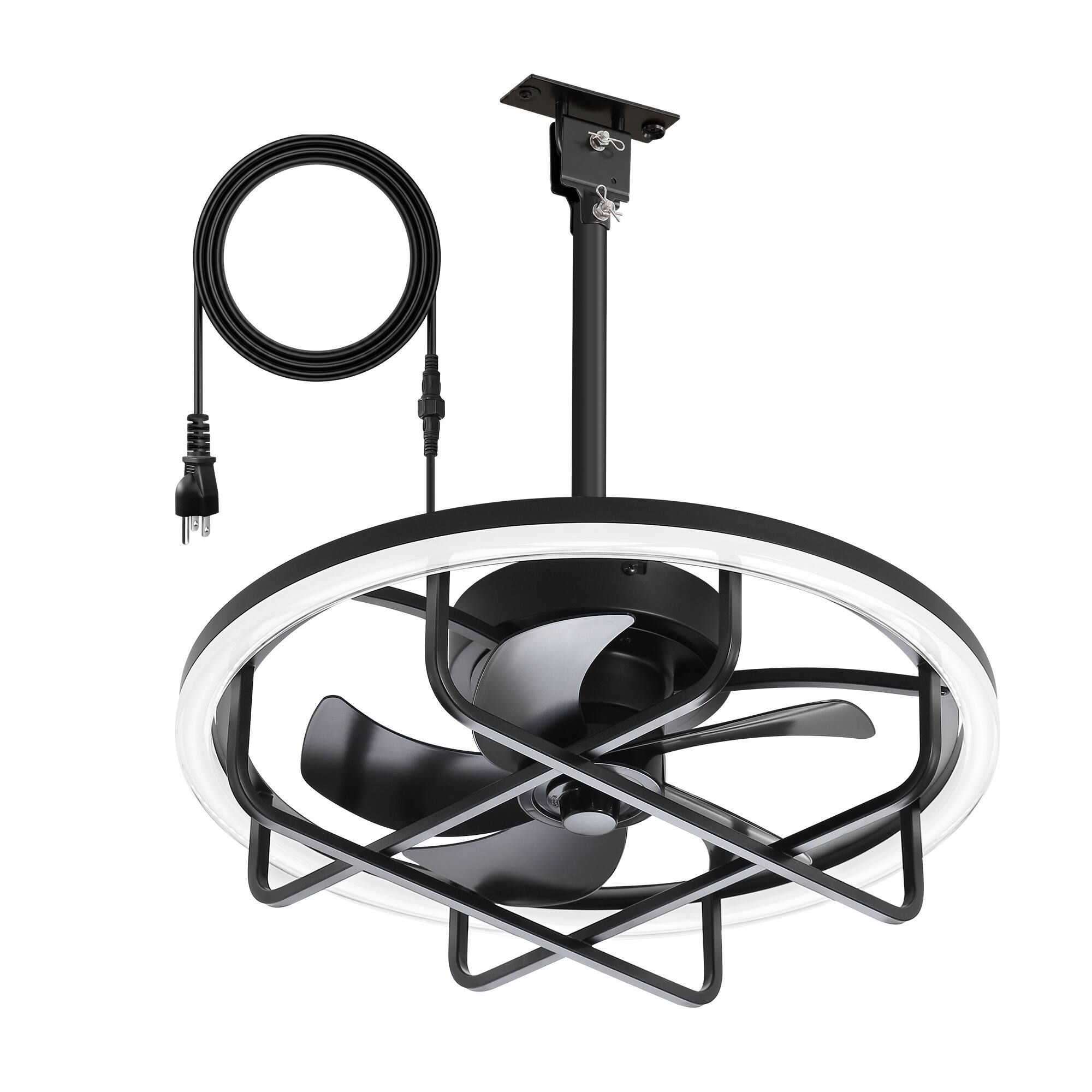 Angle. Breezary - 20-Inch Waterproof LED Ceiling Fan with Light, ABS Blades, DC Motor, Remote Control, 6 Speeds & 2H Timer - Black.
