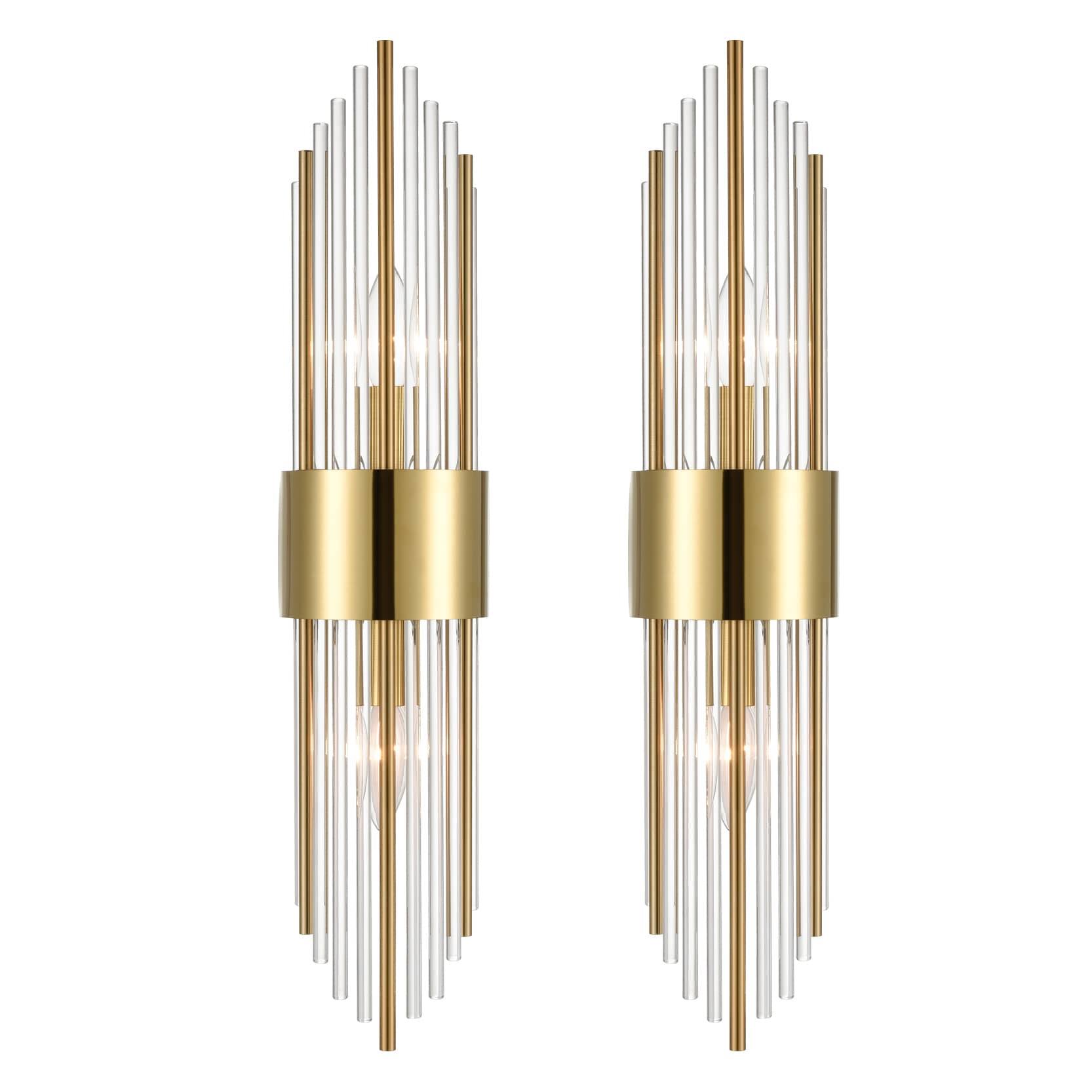 Front. MOOSE - Modern Gold Metal Wall Sconce with Beautiful Crystal Clear Glass Rods for Bathroom Set of 2 - Gold.