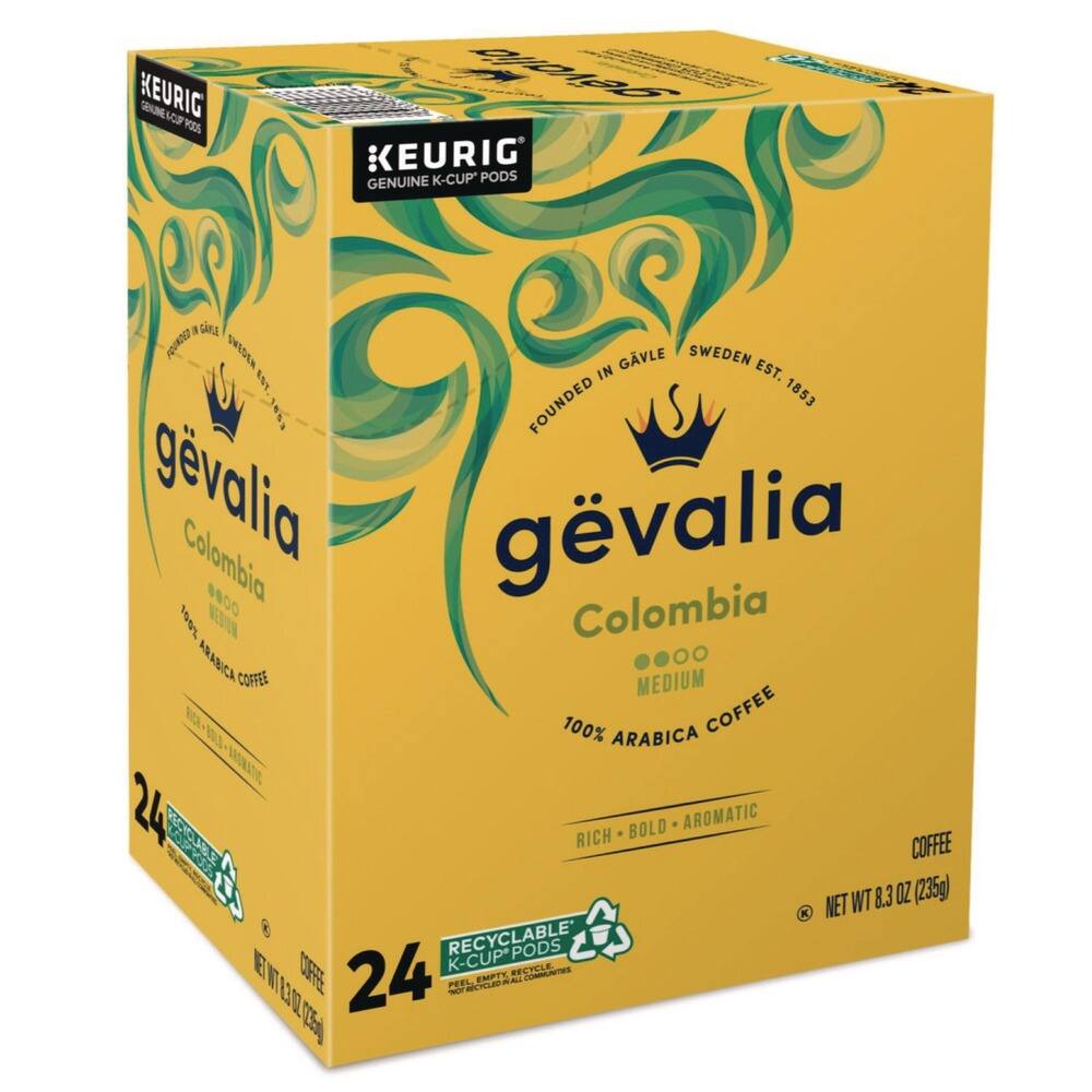 KEURIG GENUINE K-CUP PODS  
GÉVALIA Colombia  
FOUNDED IN GÄVLE, SWEDEN EST. 1853  
100% ARABICA COFFEE  
MEDIUM  
RICH - BOLD - AROMATIC  
NET WT 8.3 OZ (235g)  
24 RECYCLABLE K-CUP PODS  
RECYCLE