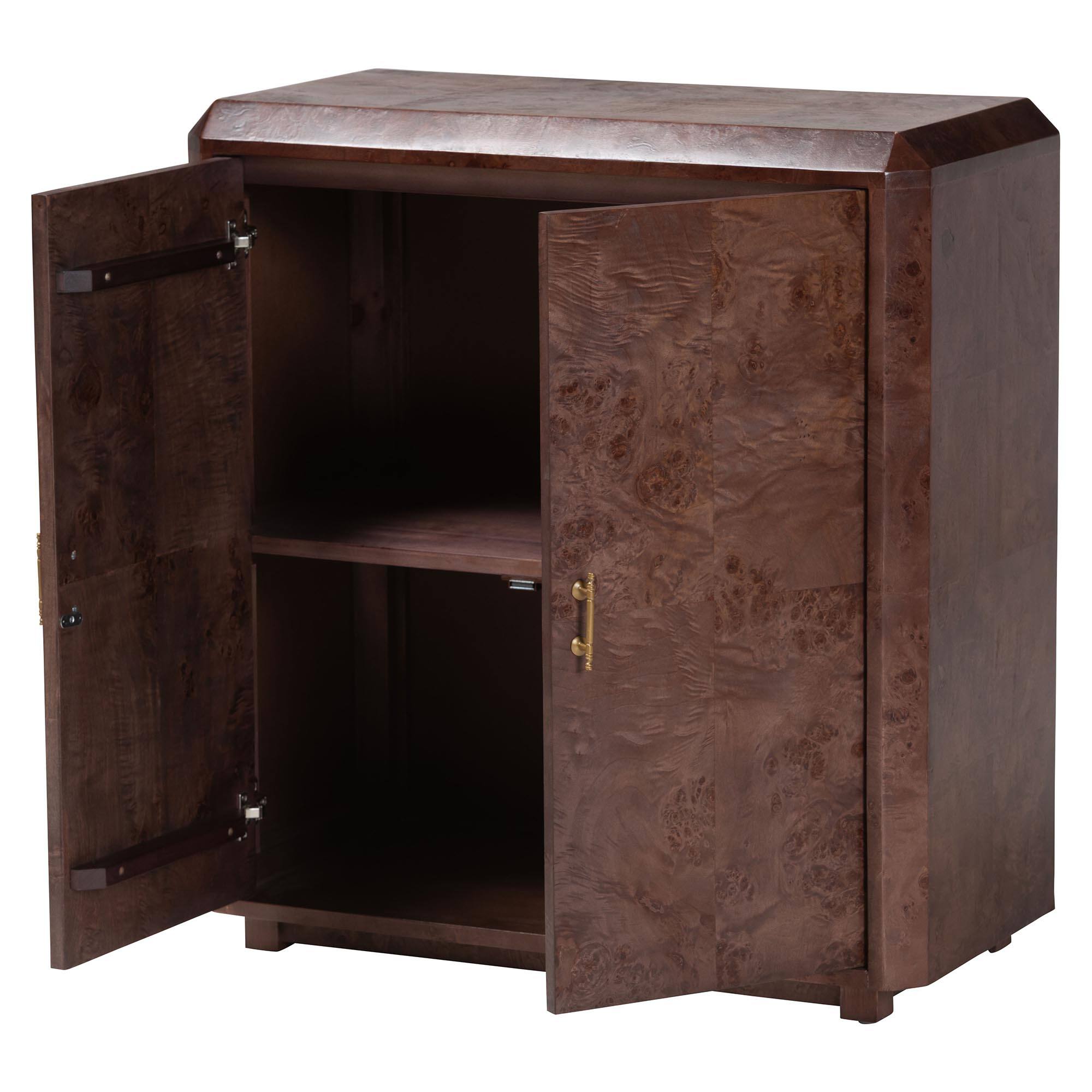 Angle. bali & pari - Valora Real Burl Wood Storage Cabinet - Modern Accent Cupboard with Double Doors and Brass Handles, Elegant Sideboard - Dark Walnut.