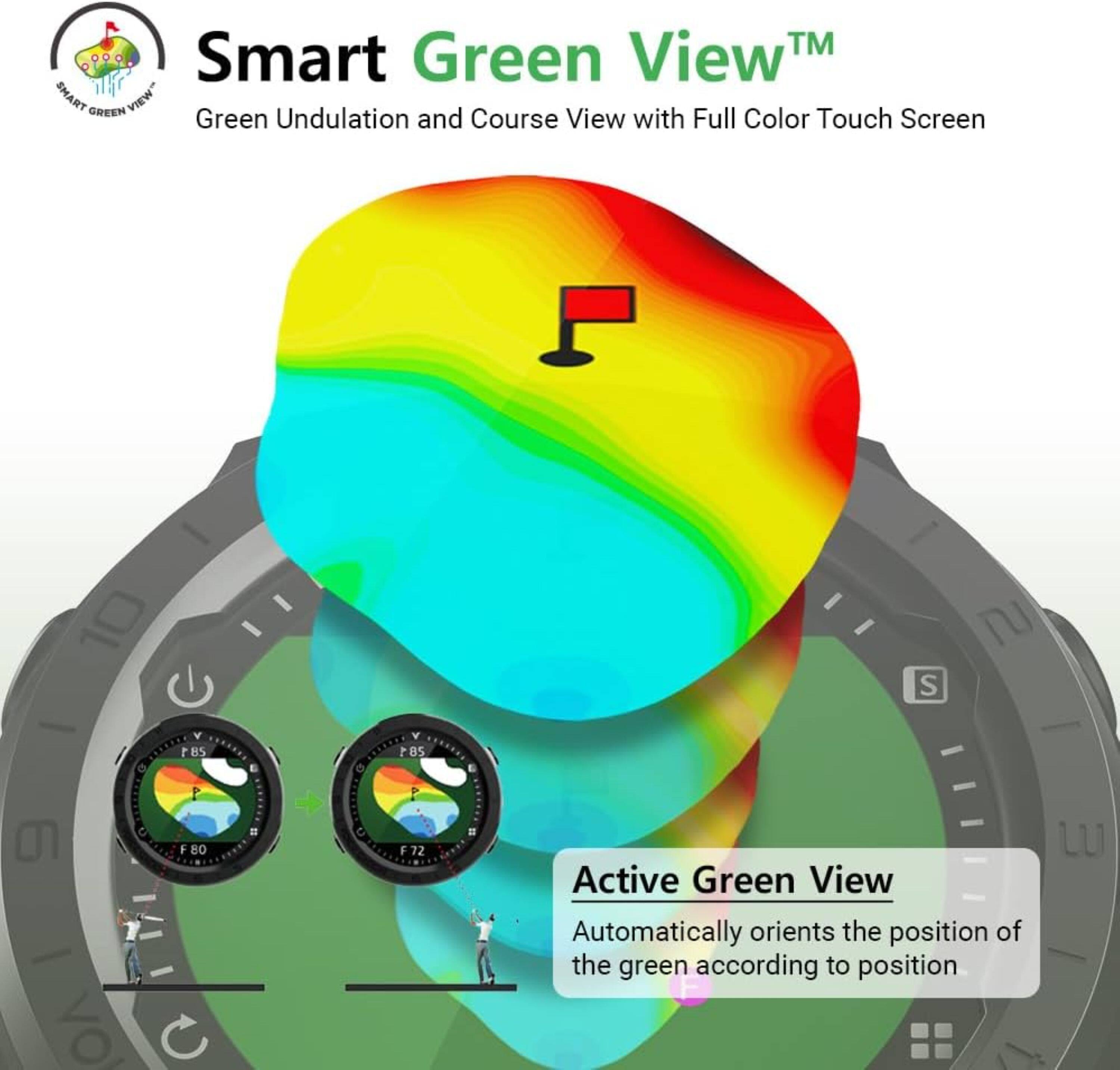 Smart Green View is a green undulation and course view with a full color touch screen. It provides an active green view that automatically orients the position of the green according to the position of the golfer. This technology helps golfers to have a better understanding of the course and improve their game.