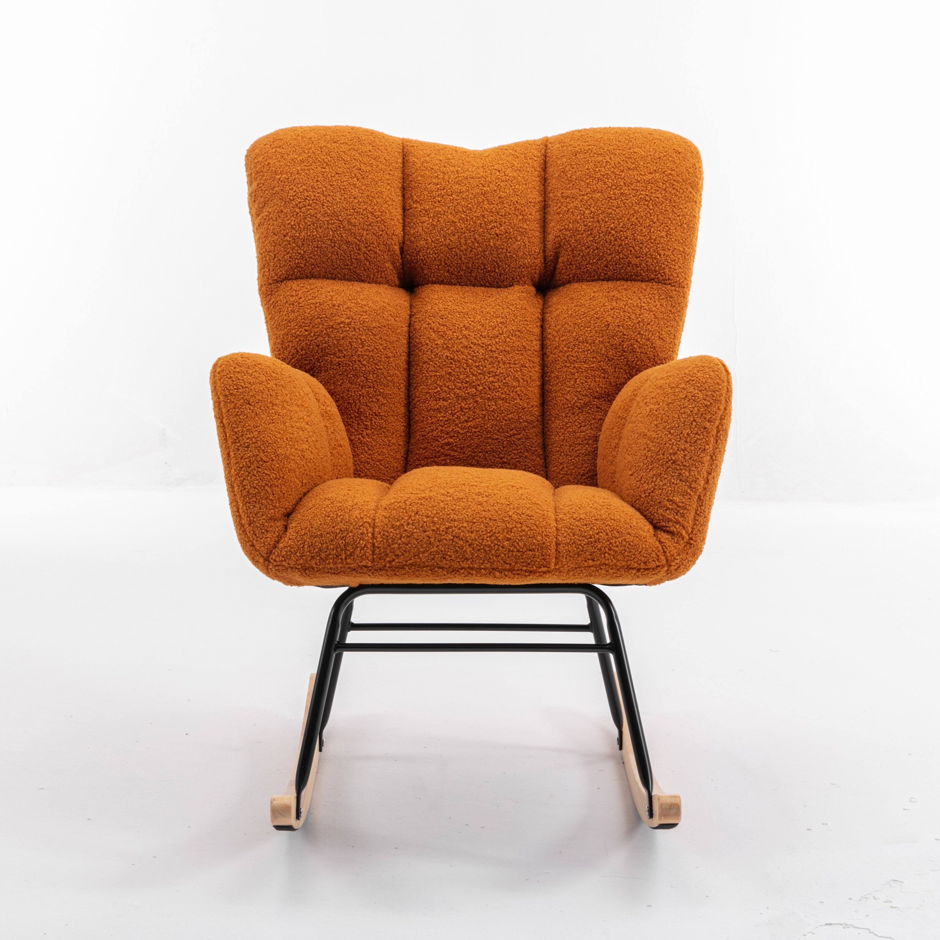 Left. Whisen - Modern Teddy Fabric Rocking Chair with Sturdy Metal and Wood Base - Caramel.