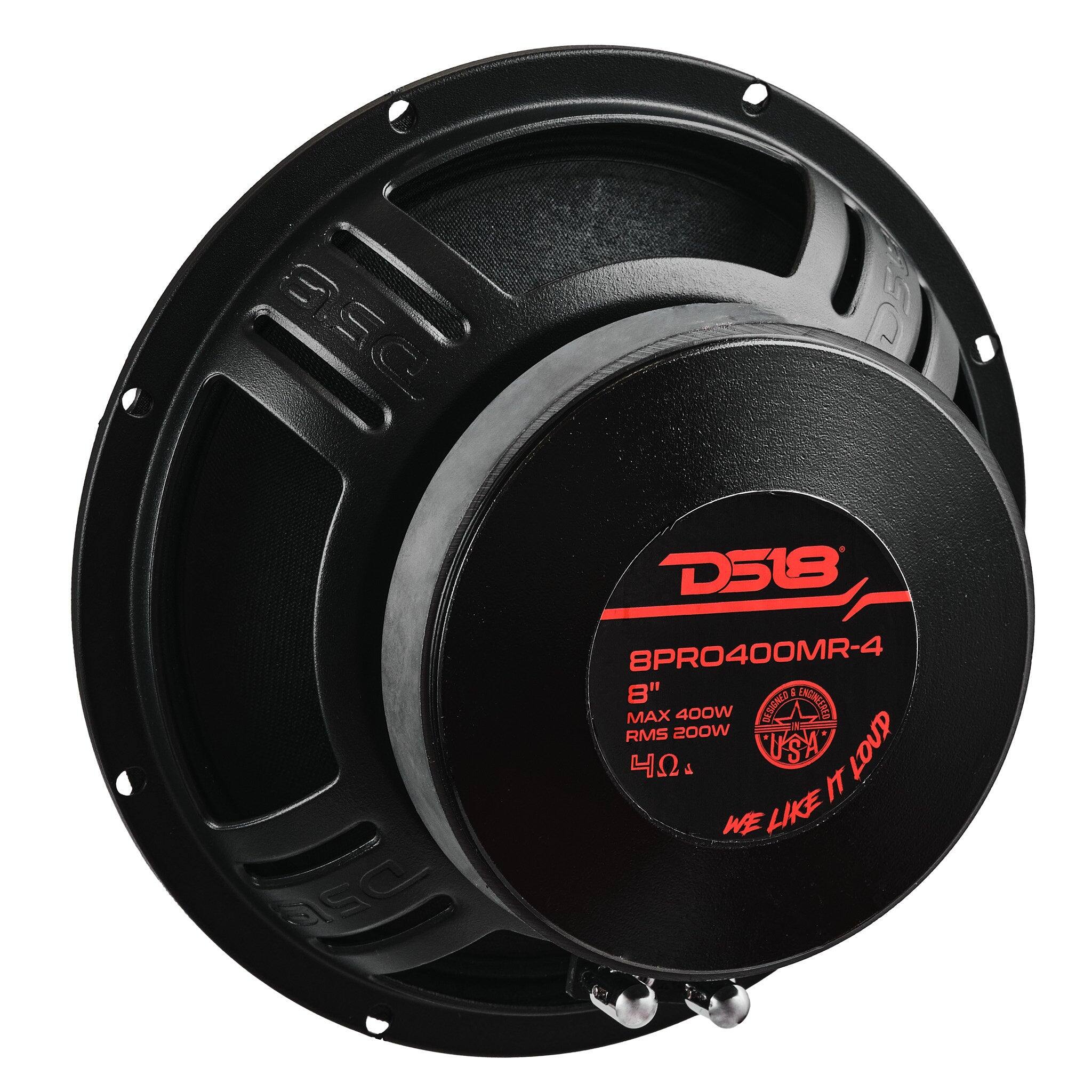 DSG D2G  
D518 8PRO400MR-4  
8" MAX 200W 400W RMS 200W  
DESIGNED ENGINEERED USA  
4Ω  
WE LIKE IT LOUD