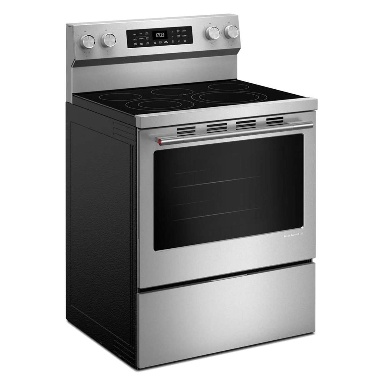 Angle. KitchenAid - 30 in. Wide 5 elements 5.3 cu. ft. Smart Freestanding Electric Range with Convection Cooking Modes - PrintShield Stainless Finish.