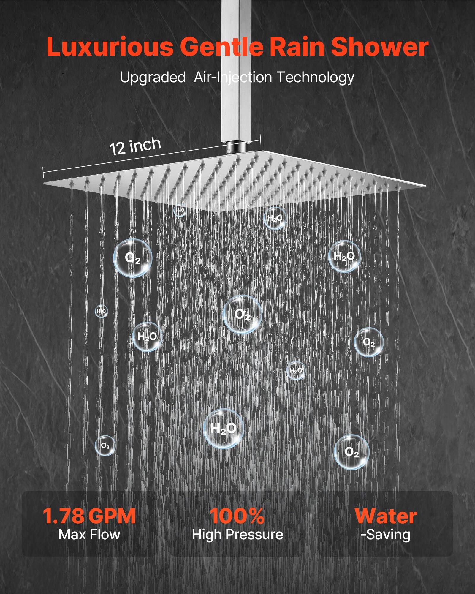 Luxurious Gentle Rain Shower  
Upgraded Air-Injection Technology  

12 inch  

1.78 GPM Max Flow  
100% High Pressure  
Water-Saving