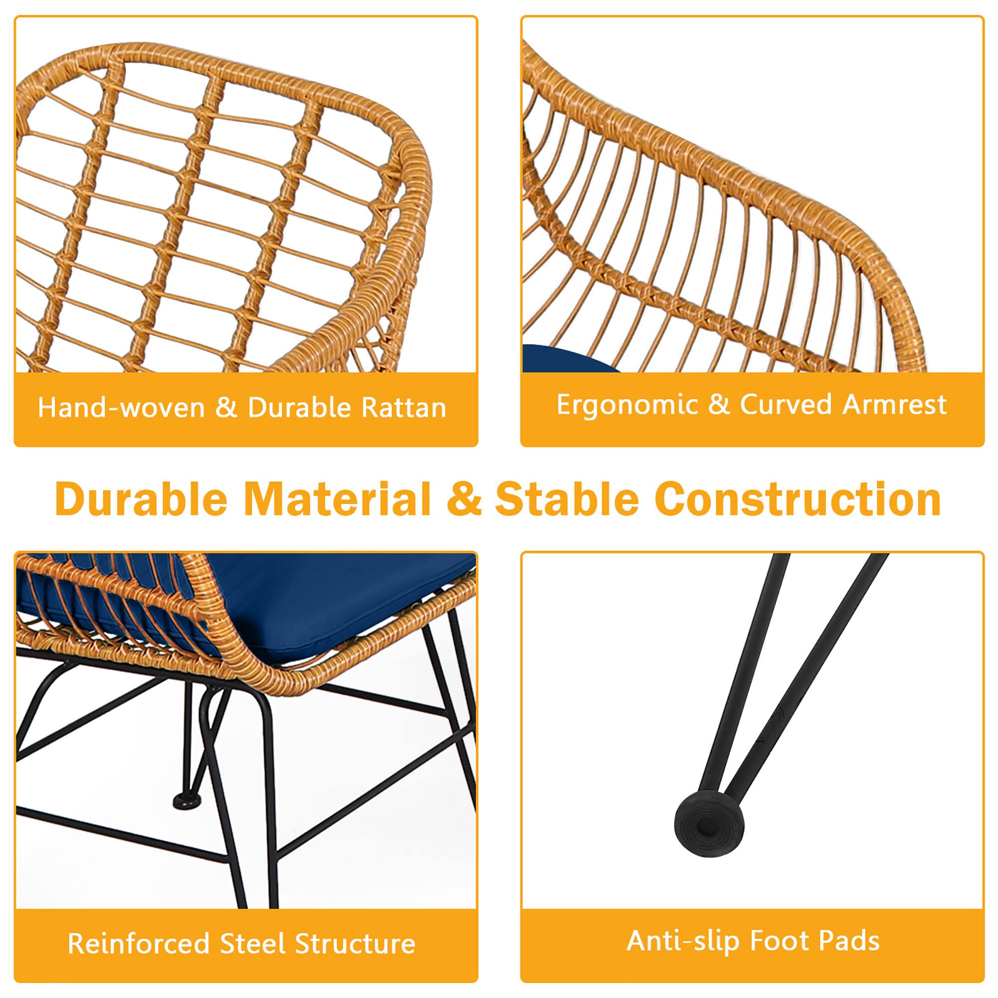 - Hand-woven & Durable Rattan
- Ergonomic & Curved Armrest
- Durable Material & Stable Construction
- Reinforced Steel Structure
- Anti-slip Foot Pads