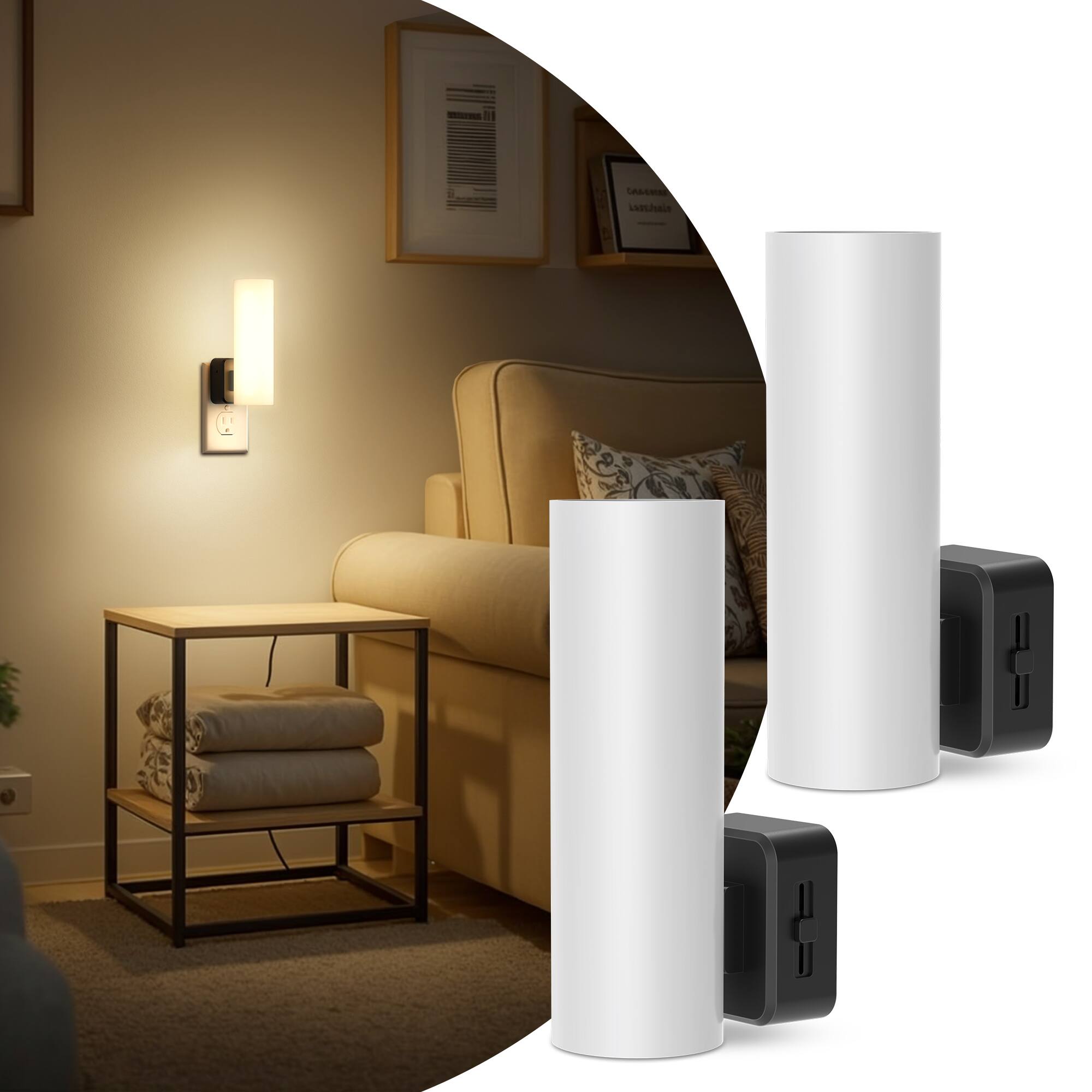 Angle. Jandcase - JANDCASE 2-Pack 1W  Plug-in Night Light, 3000K Warm Glow, Open Mesh Cylinder, Full-Body Glow, , US 3-Prong Plug - White.