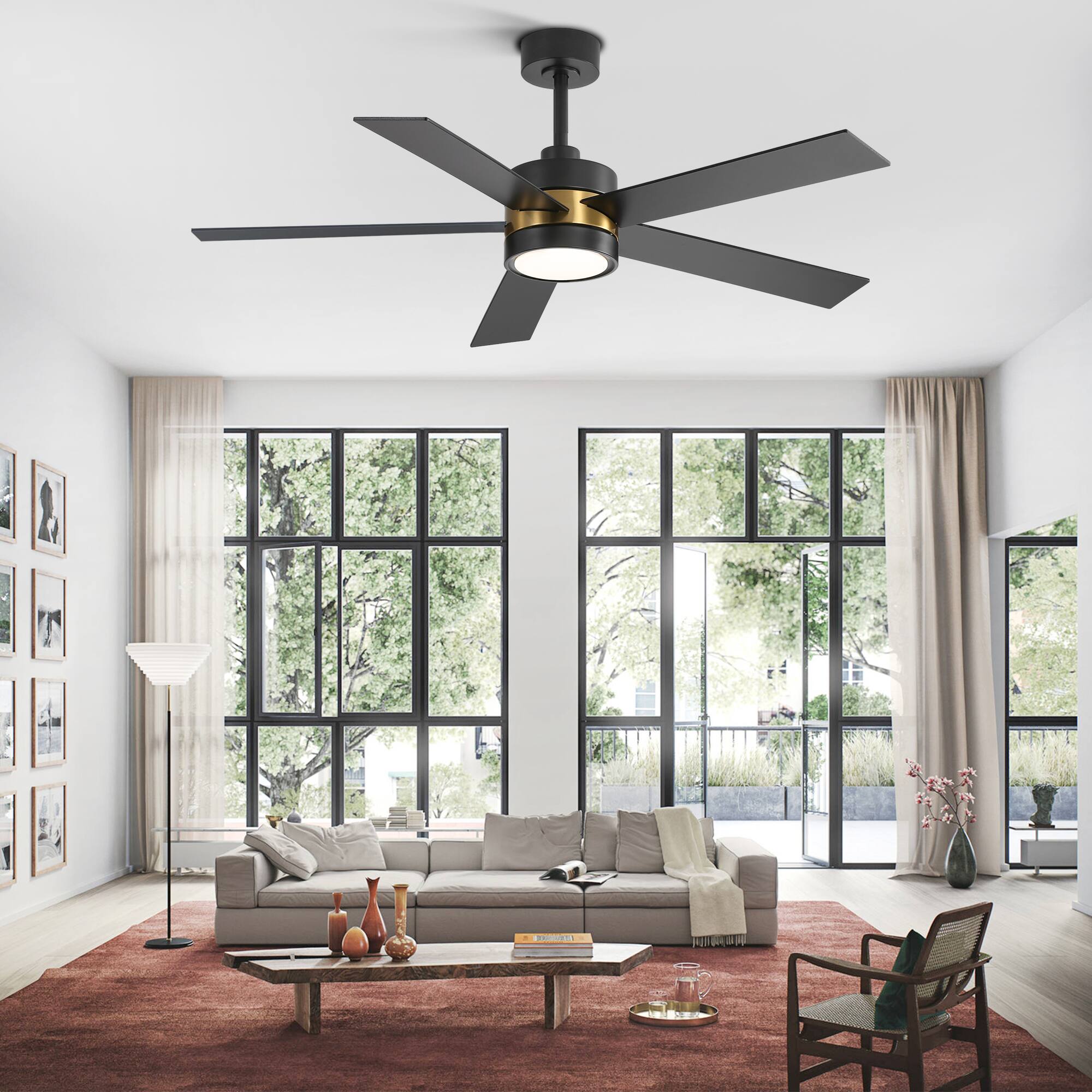 Back. Breezary - 52-In Indoor Ceiling Fan with Led Light, 5 Plywood Blades, 6-Speed DC Motor, Remote, Timer with Memory, 5/10'' Downrods - Black and Gold.