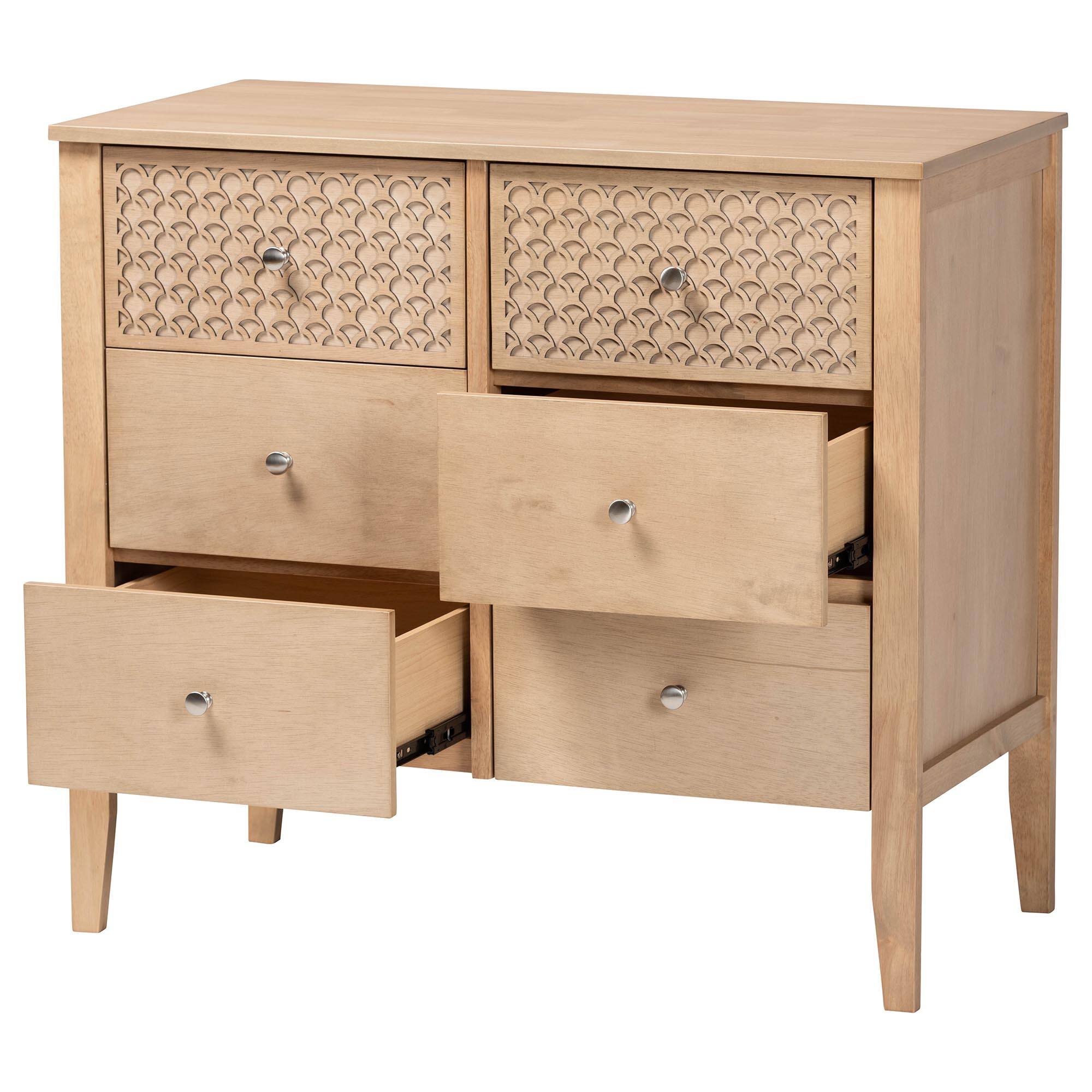 Angle. Baxton Studio - Lara Dresser - 6-Drawer Bedroom Storage Chest with Laser-Cut Geometric Overlay for Clothing and Organization - Oak Brown.