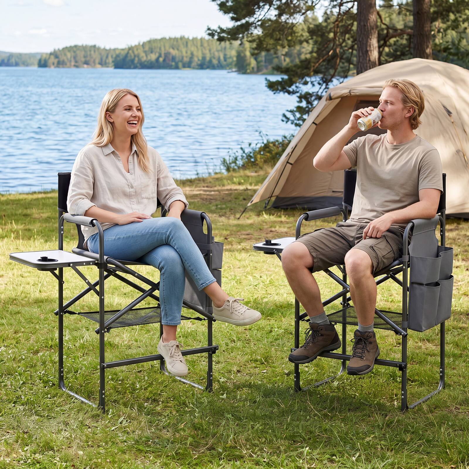 Alt View 9. Gymax - Gymax 26'' Folding Tall Director Chair w/ Side Table Cup Holders Storage Pockets - Gray.