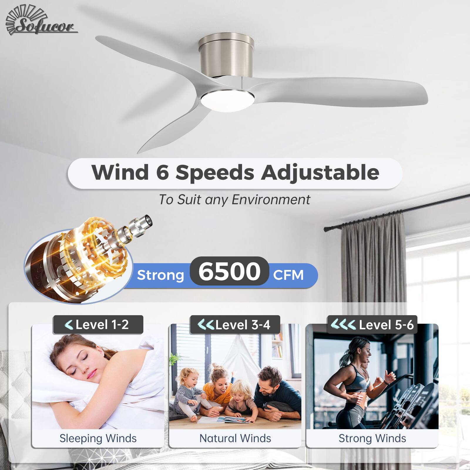 Sofucor Wind 6 Speeds Adjustable To Suit any Environment Strong 6500 CFM

Level 1-2: Sleeping Winds  
Level 3-4: Natural Winds  
Level 5-6: Strong Winds