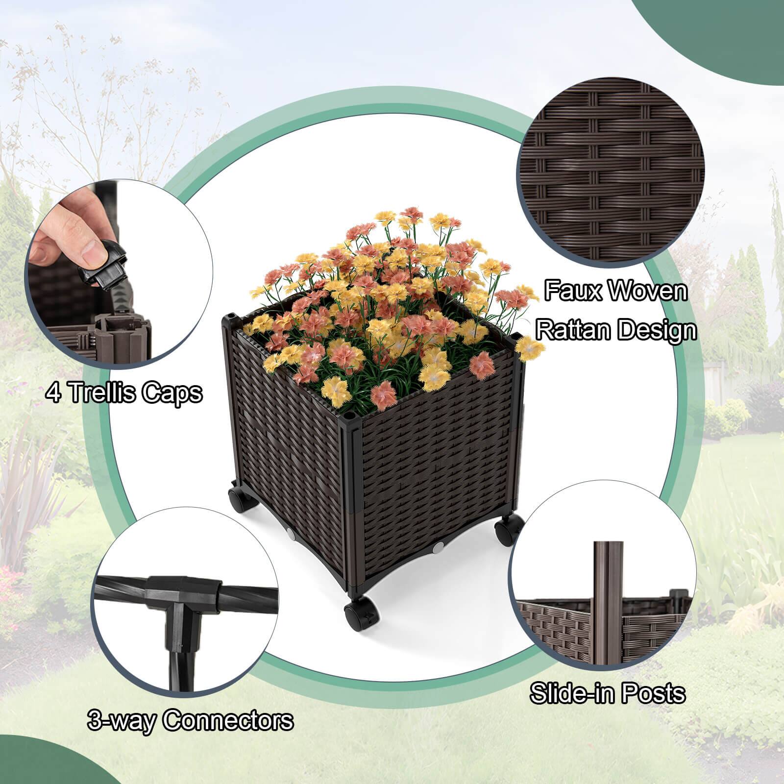 - Faux Woven Rattan Design
- 4 Trellis Caps
- 3-way Connectors
- Slide-in Posts