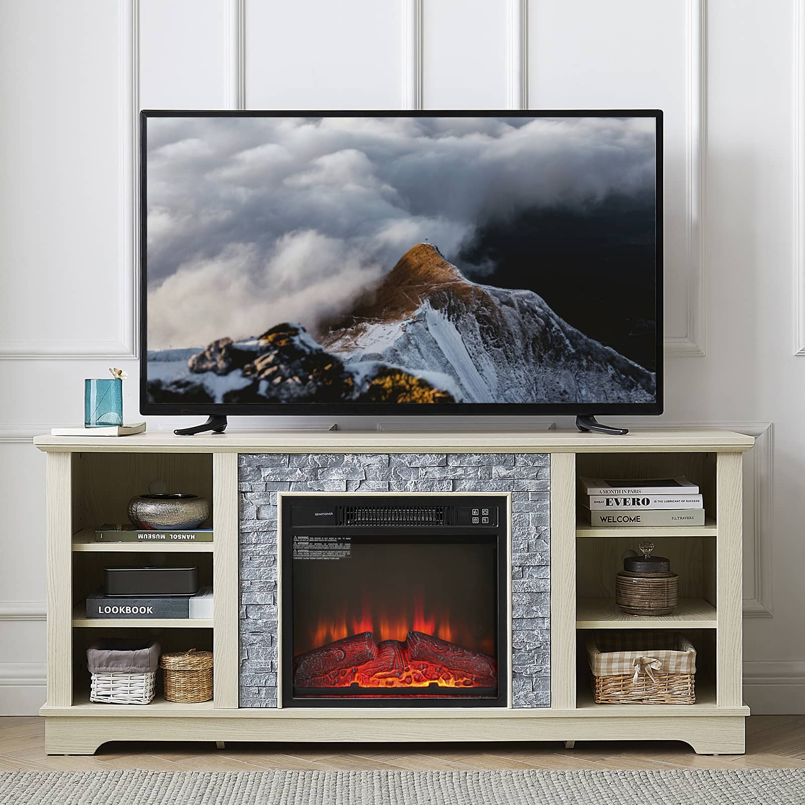 Chateau Abodes - 58" Mantel Electric Fireplace, Stone TV Stand with Faux Stacked Stone, Open Storage & 18" Fireplace Insert - White
