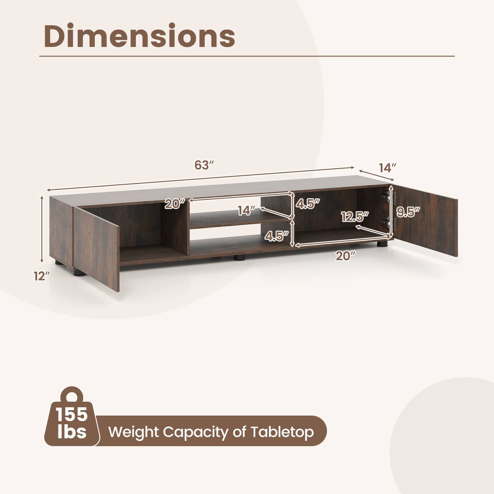 Dimensions: 63" x 14" x 20" x 4.5" x 14" x 4.5" x 12.5" x 20" x 9.5" x 12"  
Weight Capacity of Tabletop: 155 lbs