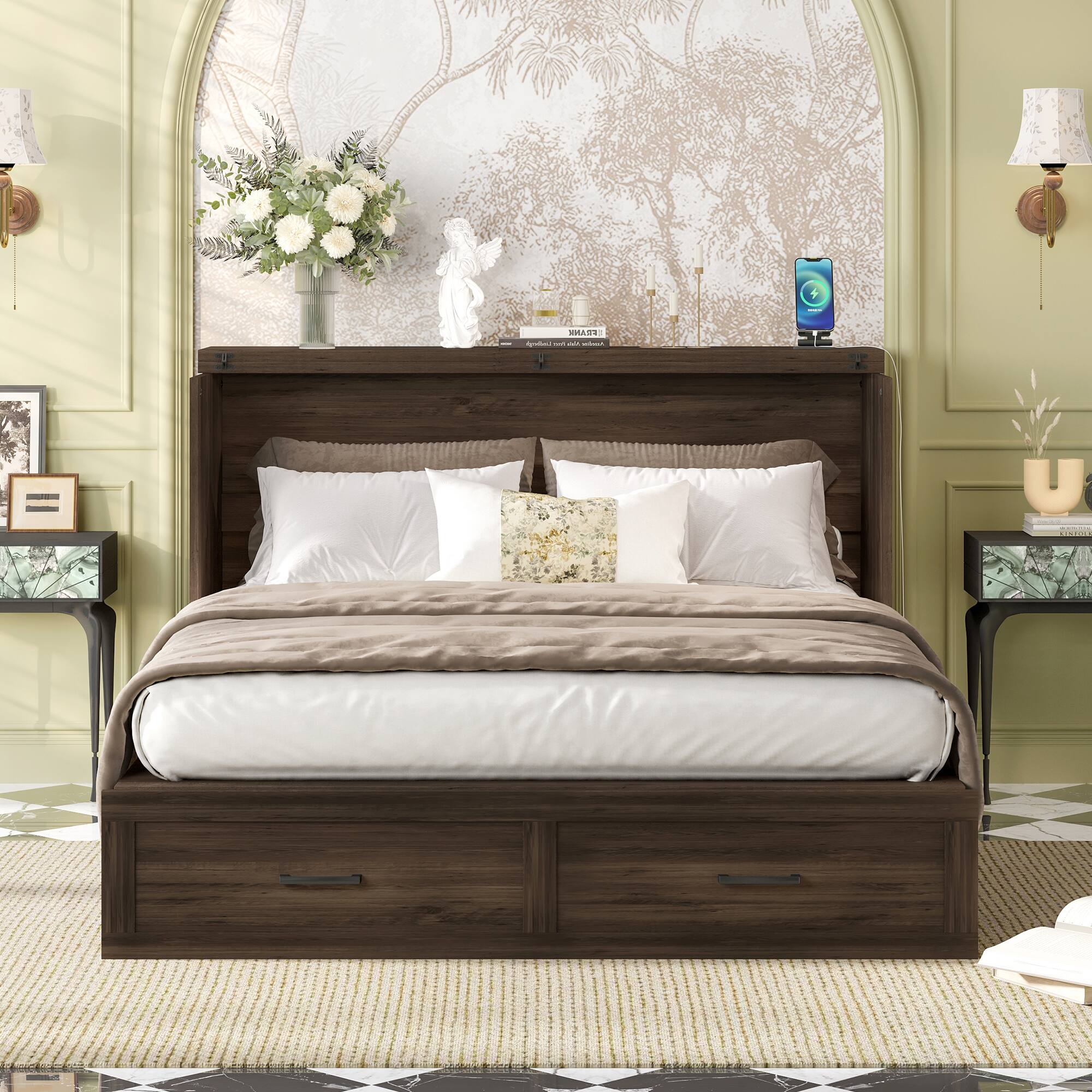Angle. Anysun - Queen Size Farmhouse Murphy Cabinet Bed with Charging Station – Foldable Platform Bed with Large Storage Drawer - Rustic Grey.