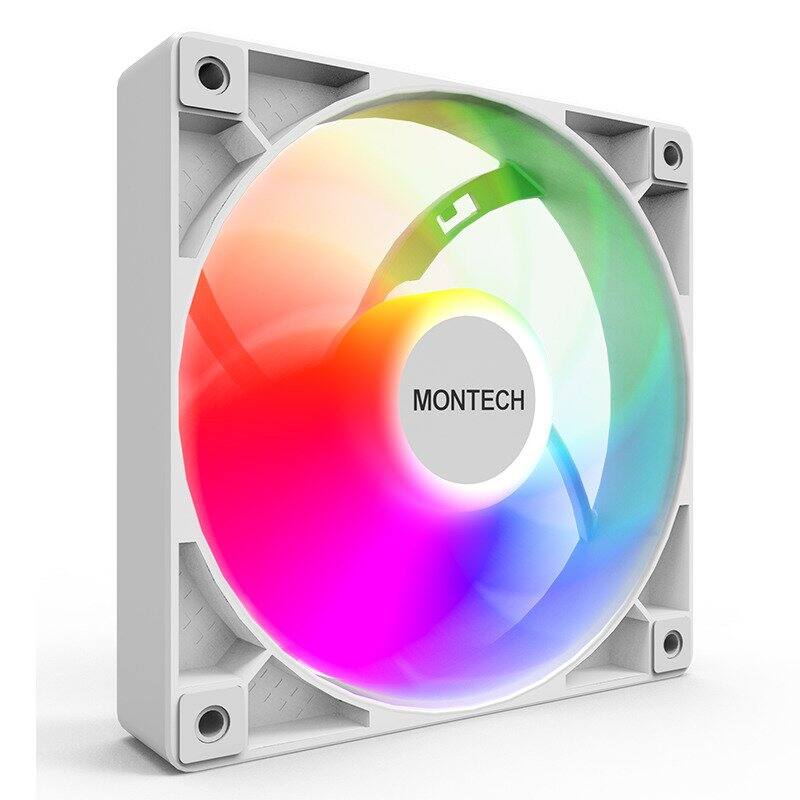 Angle. Montech - GF120 ARGB PWM Hydraulic Bearing Fan 800-1600RPM, Low Noise 25.5dBA, High Airflow 66.3CFM, 4-Pin - 120mm - White.