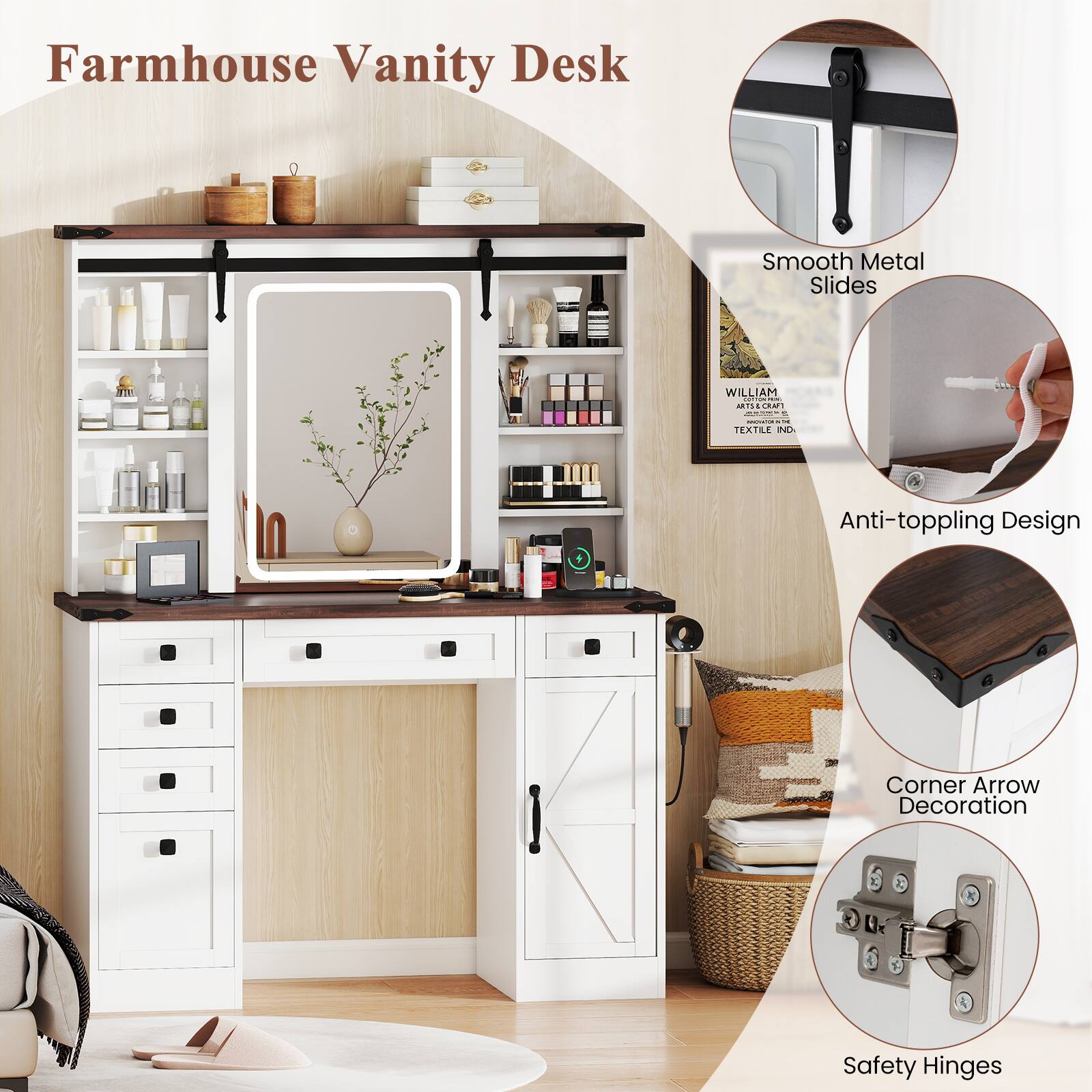 Farmhouse Vanity Desk

- Smooth Metal Slides
- Anti-toppling Design
- Corner Arrow Decoration
- Safety Hinges