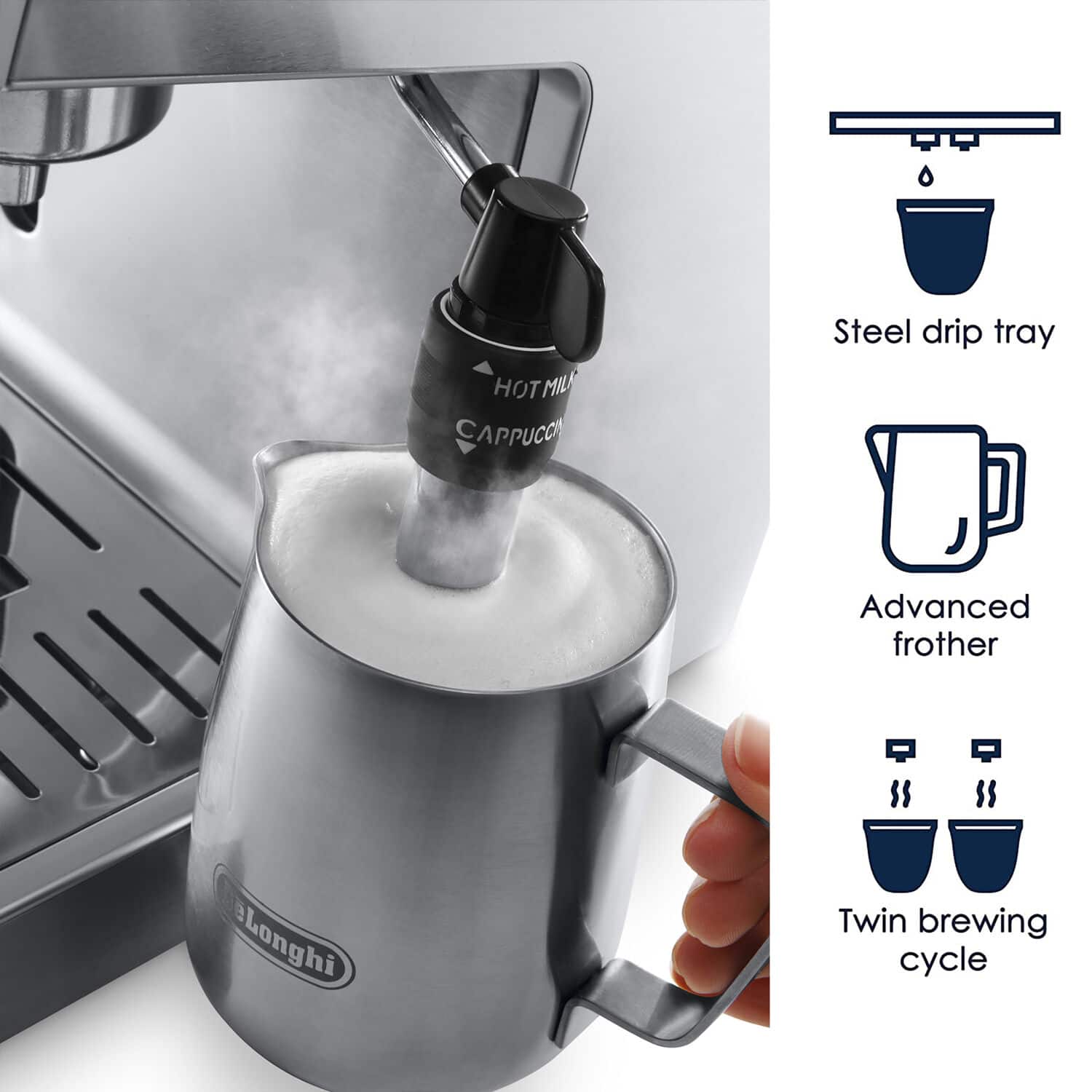 - Steel drip tray
- Advanced frother
- Twin brewing cycle