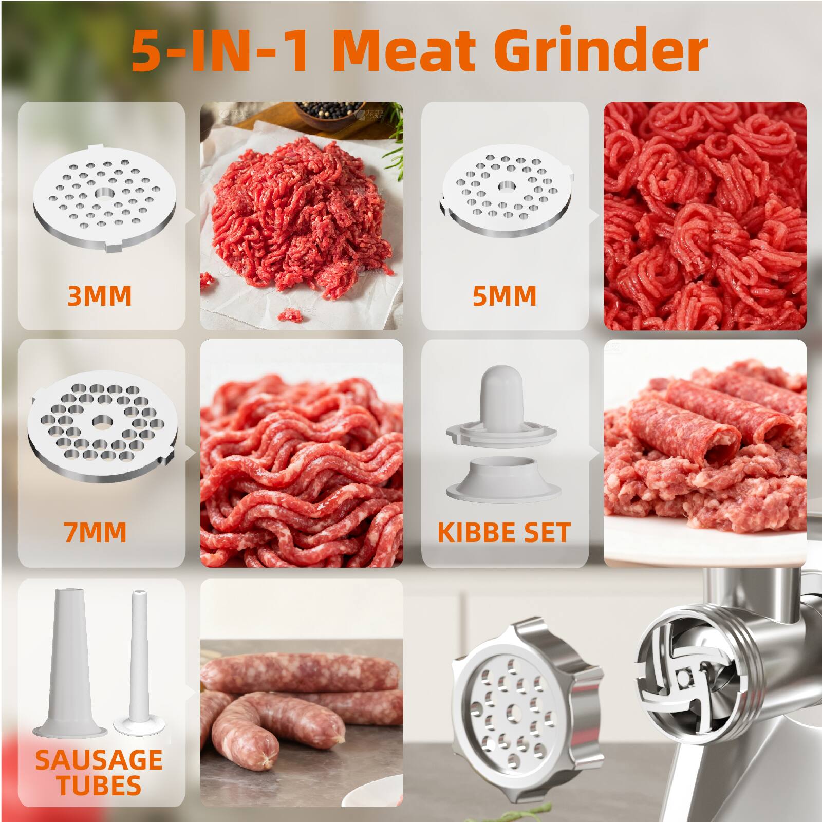 Alt View 5. Sugift - 1200W Electric Meat Grinder with Sausage Tubes, Kibbe Kit, and Cleaning Brush - White.