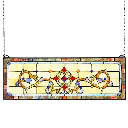 Front. VEVOR - Stained Glass Window Panel, 32" x 11" Tiffany Style Hanging Transom Window Panel with Chain - Colorful.
