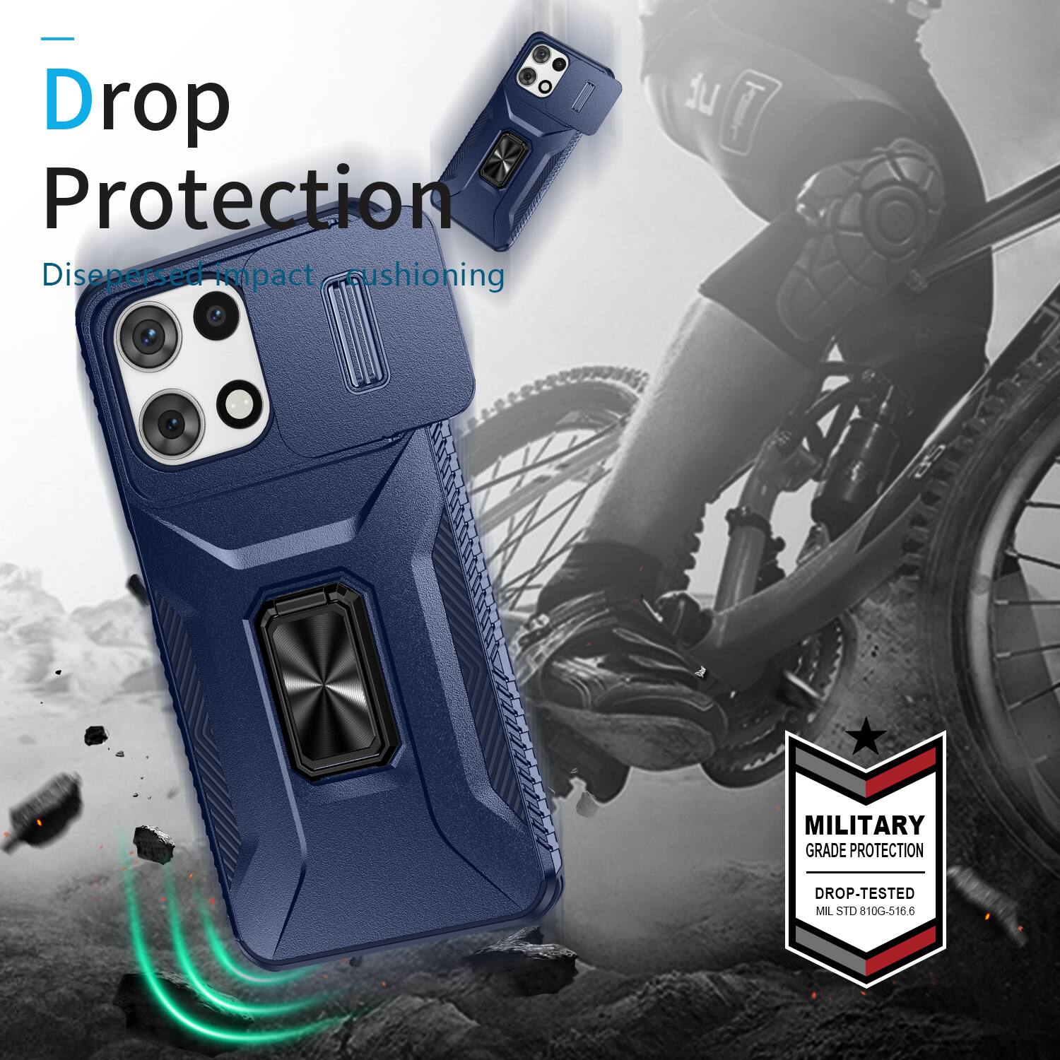- Drop Protection Dispersed impact cushioning

MILITARY GRADE PROTECTION
DROP-TESTED MIL STD 810G-516.6