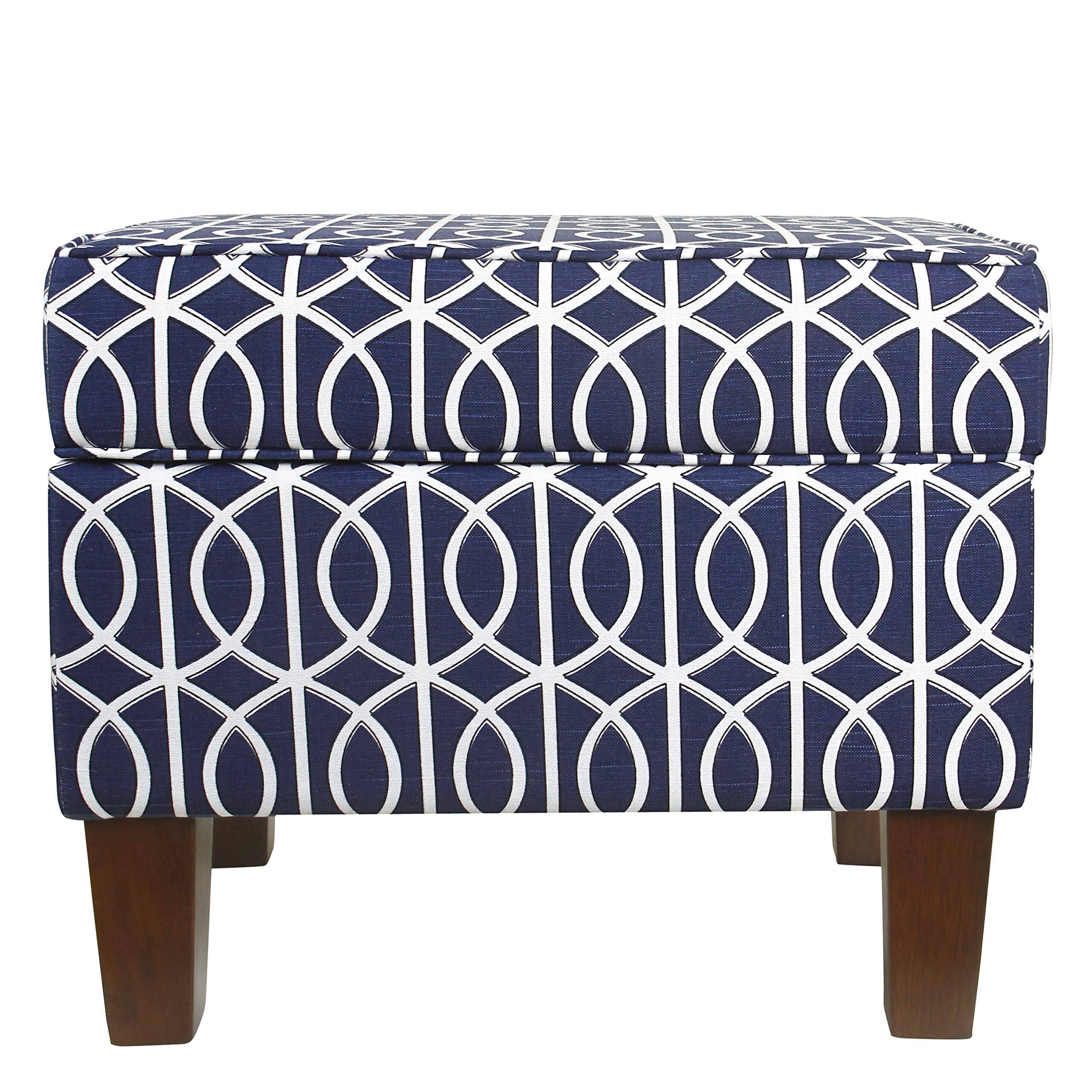 Fabibe - Home Decor |K7646-A877| Upholstered Modern Rectangular Storage Ottoman | Hinged Lid Ottoman with Storage for Living - Blue Trellis