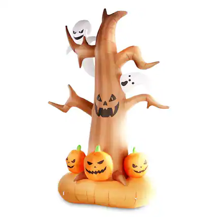 Front. G128 - 8 ft Halloween Haunted Tree with Ghosts and Pumpkins Inflatable Decor with LED Lights - Orange.