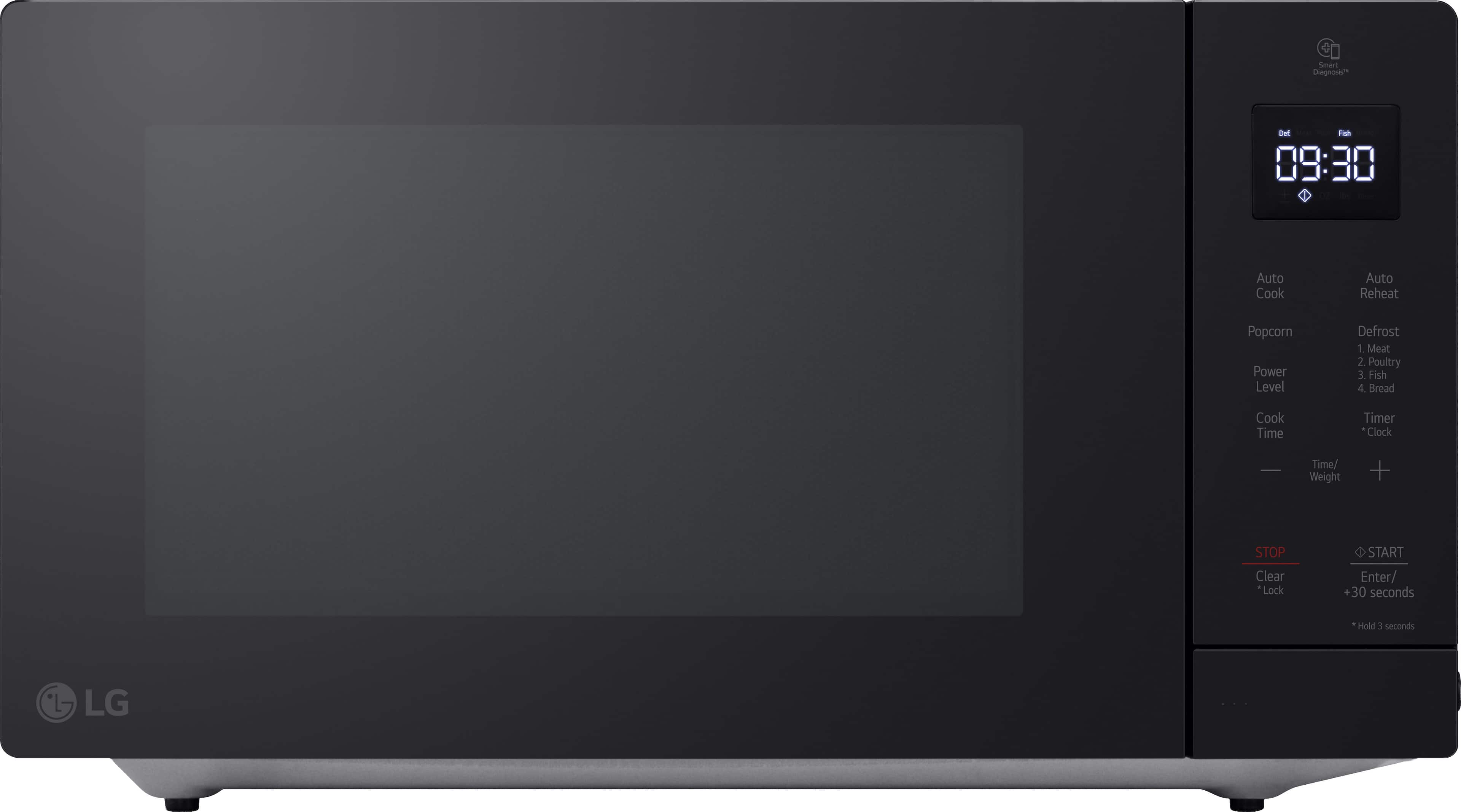 Smart Diagnosis

Defrost  
09:30  
Auto Cook  
Auto Reheat  
Popcorn  
Power Level  
Defrost  
1. Meat  
2. Poultry  
3. Fish  
4. Bread  
Cook Time  
Timer  
Clock  
Time/Weight  
+  
STOP  
Clear  
*Lock  
START  
Enter/  
+30 seconds  
Hold 3 seconds  
*L-  
LG