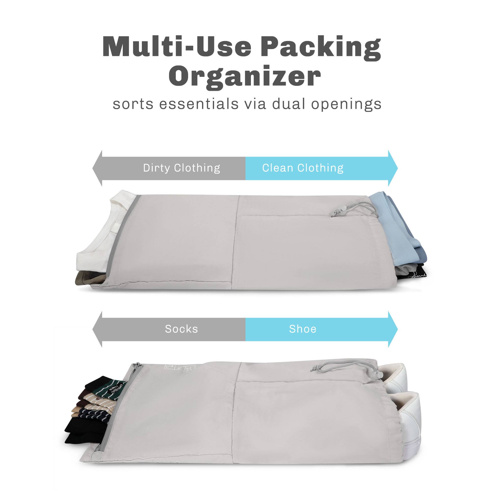 Multi-Use Packing Organizer  
sorts essentials via dual openings  

Dirty Clothing  
Clean Clothing  
Socks  
Shoe