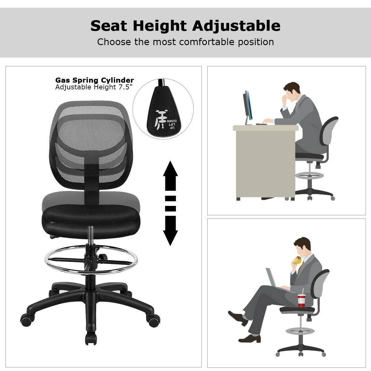 The text on the image is grouped as follows:

1. Seat Height Adjustable: Choose the most comfortable position.
2. Gas Spring Cylinder Adjustable Height: 7.5" DOMM Let Up.