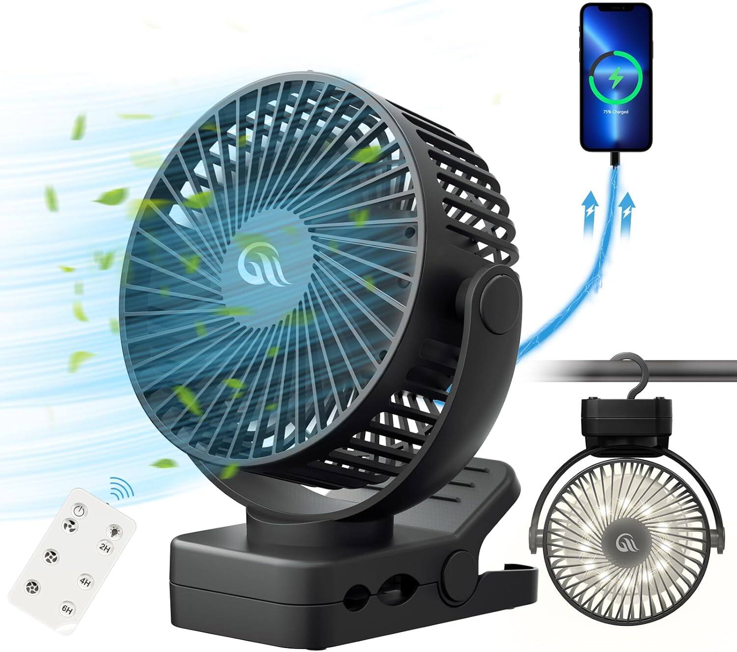 Angle. Schertz - Portable USB Fan with Remote, LED Light, 12000mAh Rechargeable Battery.