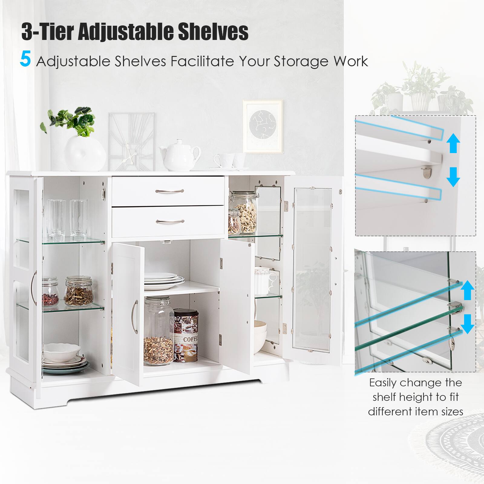 3-Tier Adjustable Shelves, 5 Adjustable Shelves Facilitate Your Storage Work, Easily change the shelf height to fit different item sizes