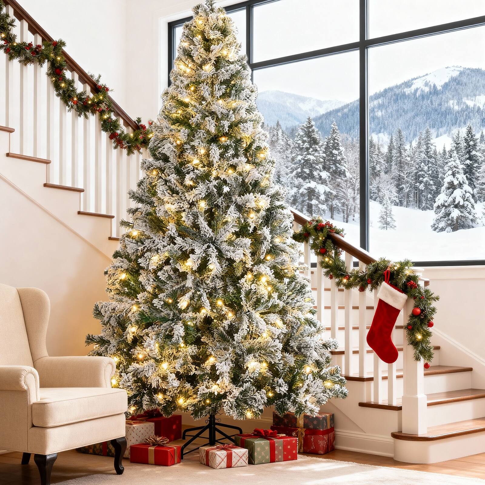 Back. SKONYON - 7.5ft Snow-Flocked Pre-Lit Artificial Christmas Tree with 350 LED Lights and 1108 Branch Tips - White.